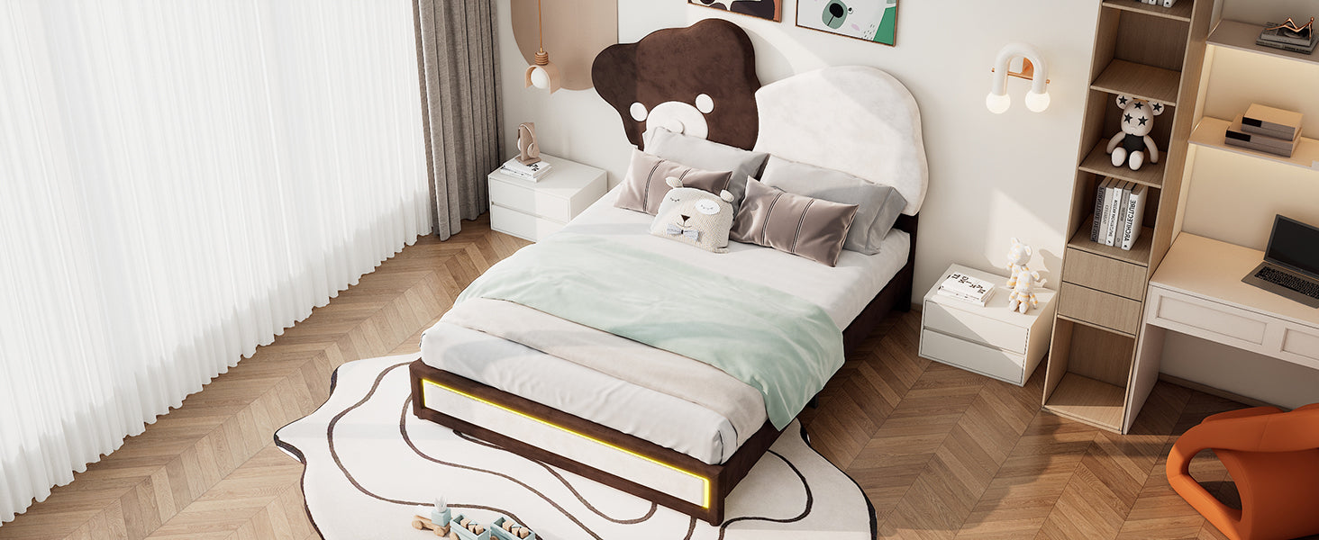 Full Size Upholstered Platform Bed With Bear Shaped Headboard, Led Light Strips, White Brown Box Spring Not Required Full Brown White Wood Bedroom Bed Frame Upholstered