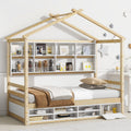 Twin House Bed With Roof Frame, Bedside Shelves, Under Bed Storage Unit,Natural Twin Natural American Design Pine