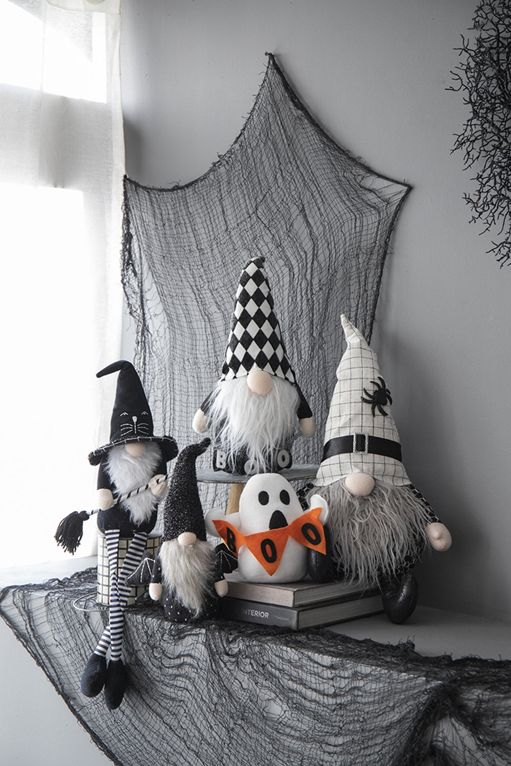 Set Of 2, 10.2X5.5X23.5" Fabric Sitting Gnome With White Hat Spider, For Halloween Decor Black White Polyester