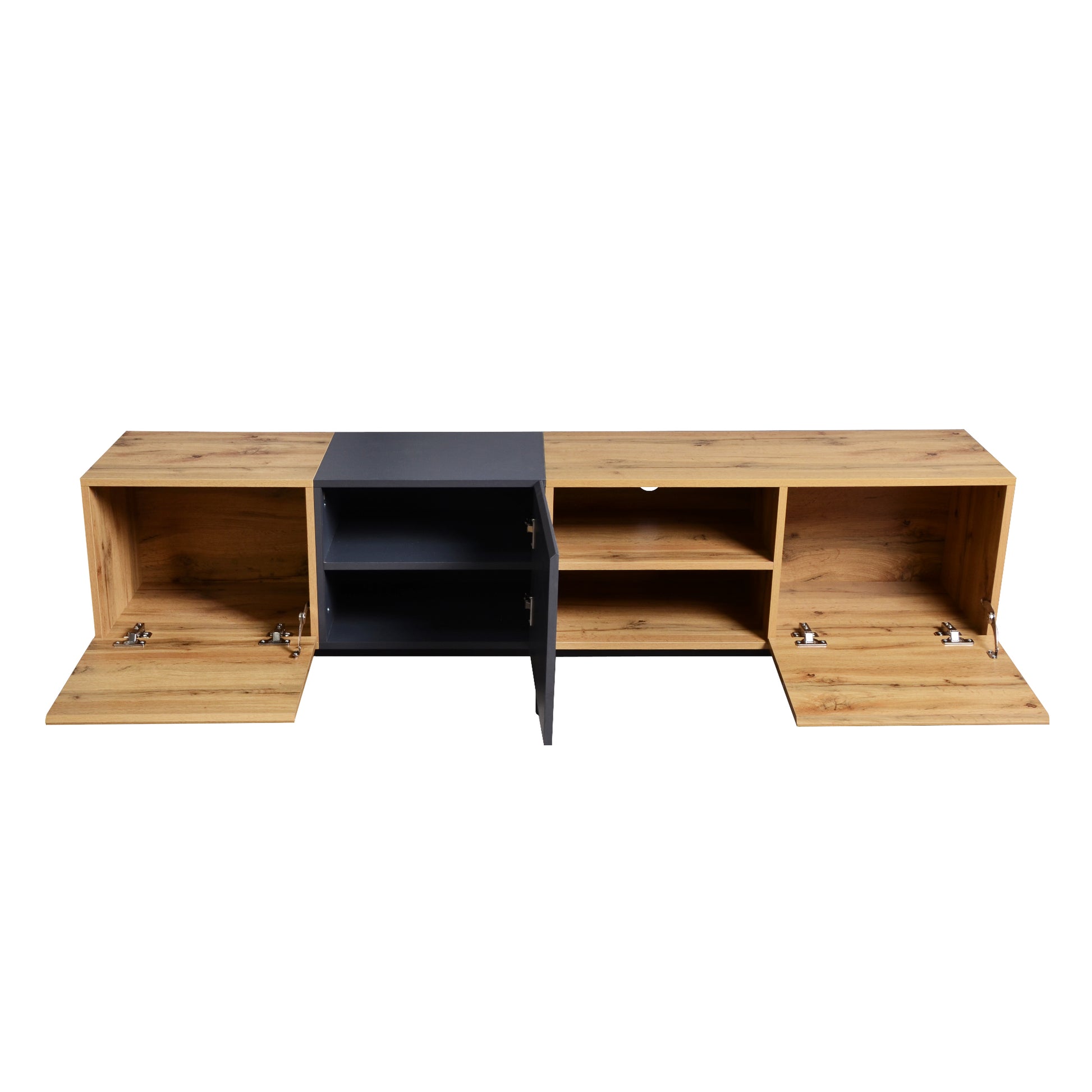 Modern Tv With 3 Cabinets& Open Shelves, Color Matching Media Console Table For Tvs Up To 80'', Entertainment Center With Drop Down Door For Living Room, Bedroom, Home Theatre Wood Brown Primary