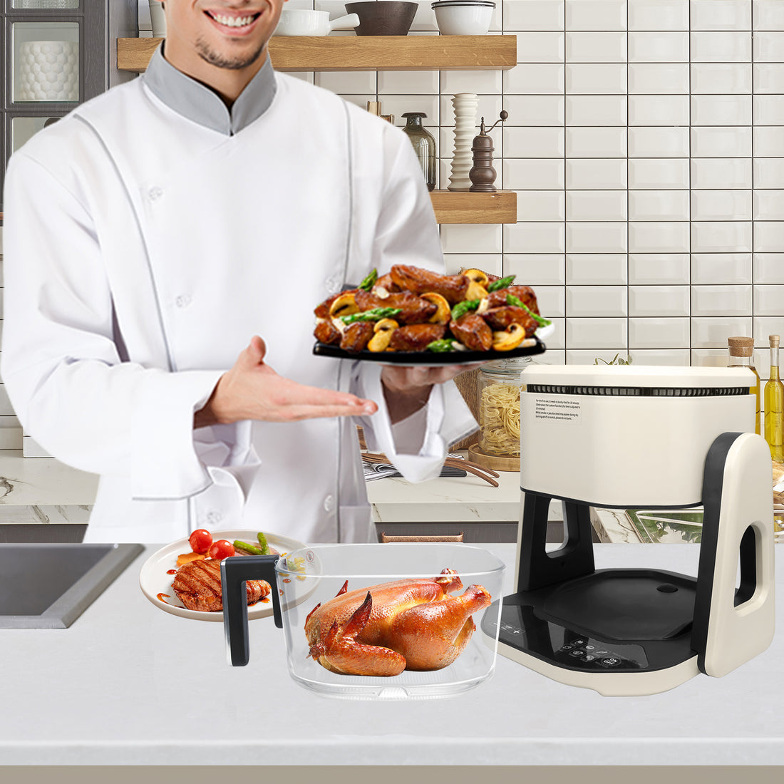 Air Fryer, Large 5 Quart Capacity, Air Fry, Roast, Broil, Bake, Reheat, Keep Warm, Pizza, Dehydrate Off White Stainless Steel