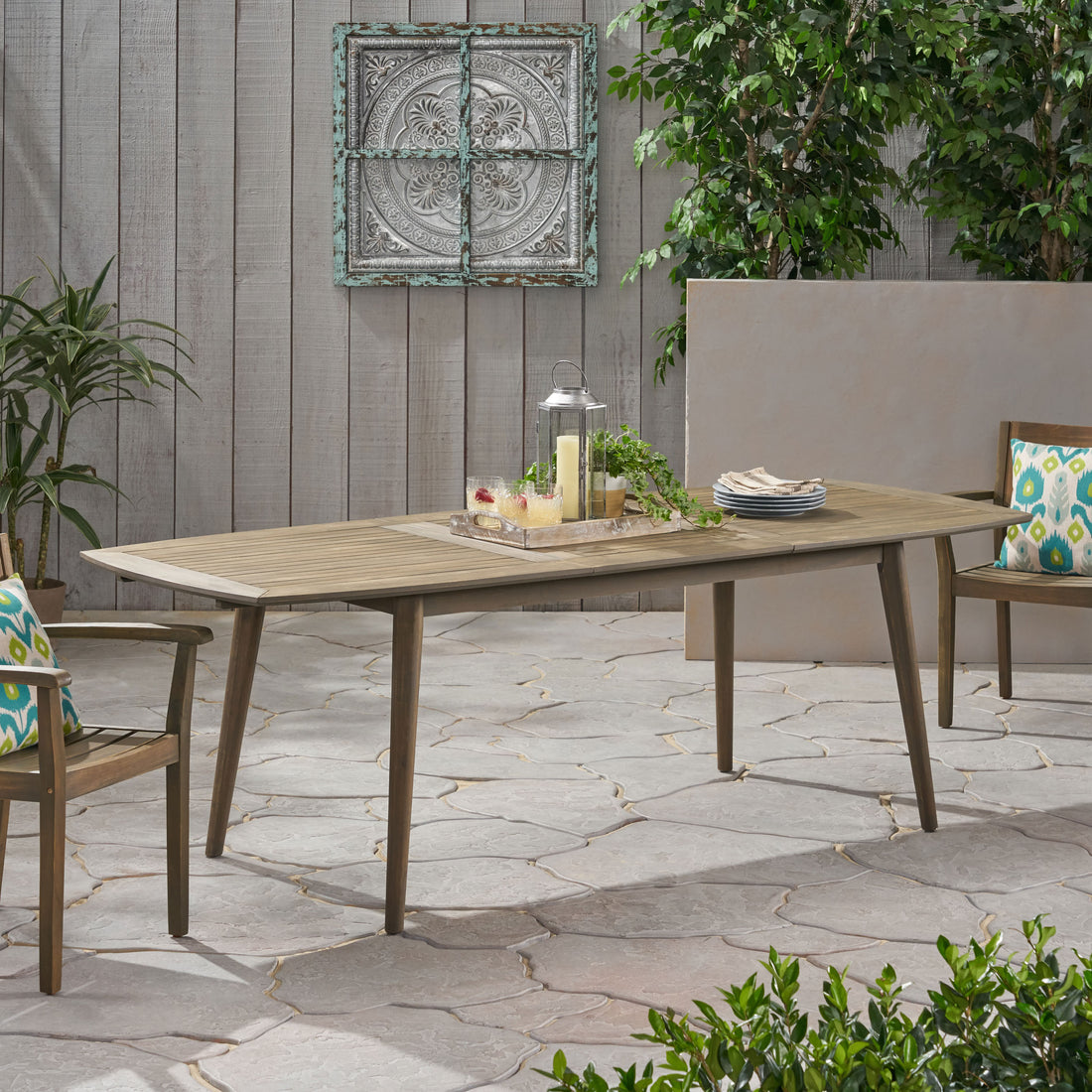 Outdoor Acacia Wood Expandable Dining Table, Gray Grey Acacia Wood