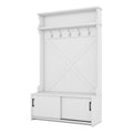 Hall Tree With Top Shelf And Storage Bench, Hallway Shoe Cabinet With Sliding Doors, Coat Rack With 5 Hanging Hooks For Entryways Hallways,White Off White Particle Board Mdf