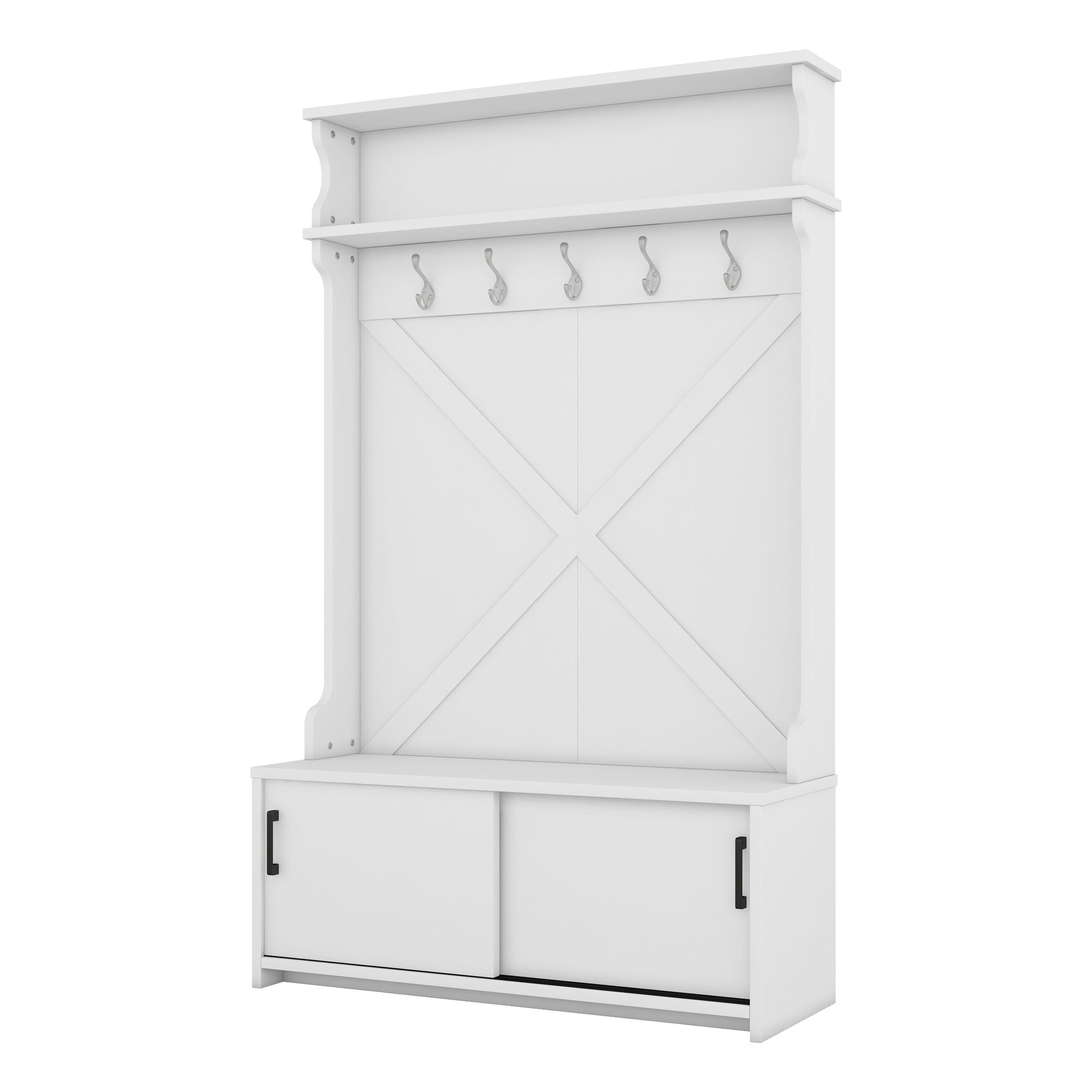 Hall Tree With Top Shelf And Storage Bench, Hallway Shoe Cabinet With Sliding Doors, Coat Rack With 5 Hanging Hooks For Entryways Hallways,White Off White Particle Board Mdf