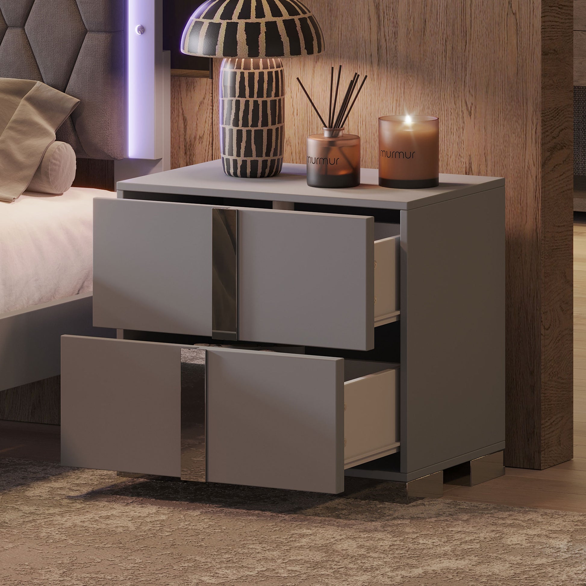 Elegant Nightstand With Metal Handle,Mirrored Bedside Table With 2 Drawers For Bedroom,Living Room,Grey Grey 2 Drawers Mdf Metal