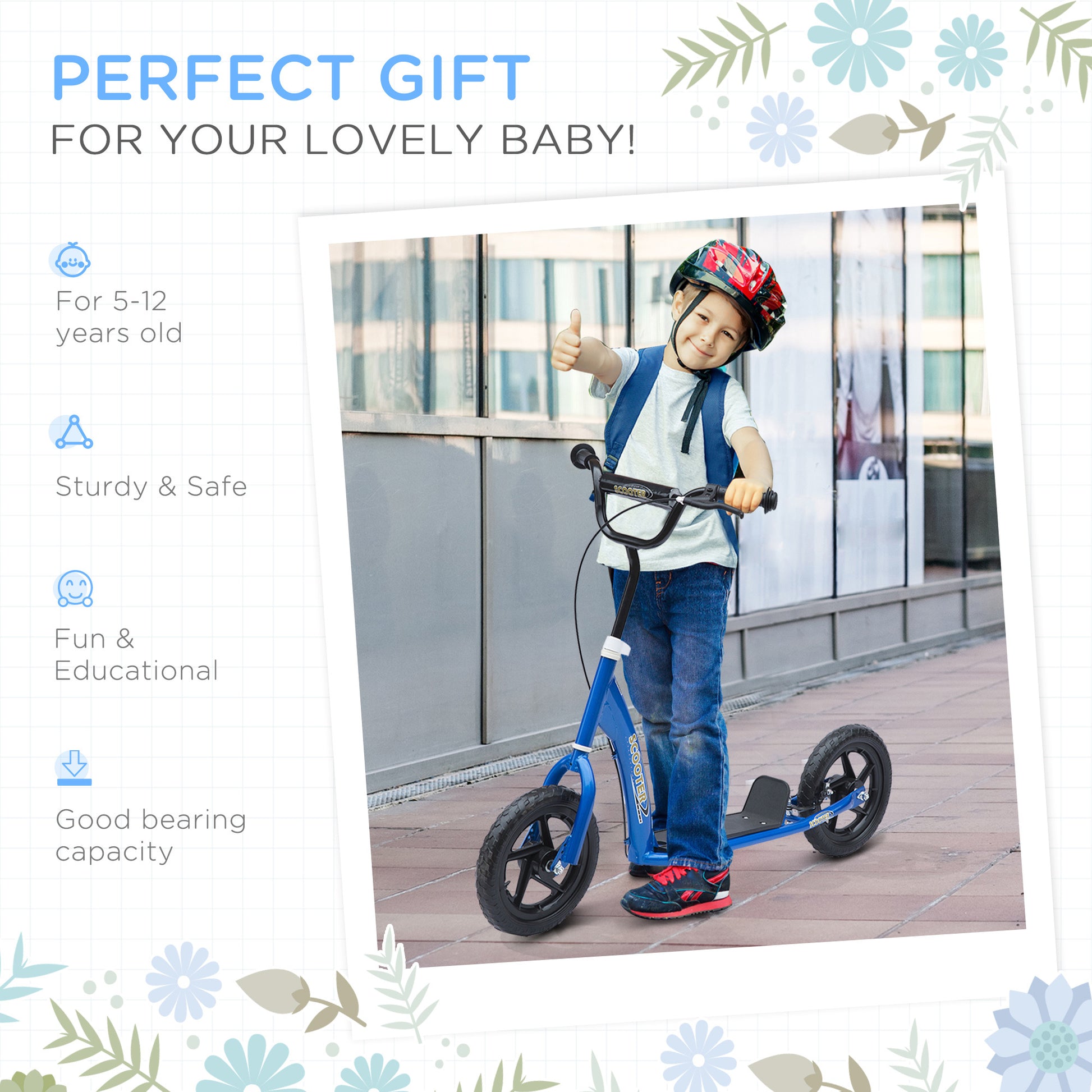 Homcom Kick Scooter For Kids 5 12 Years Old, Big Wheel Kids Scooter With Adjustable Height Handlebar, Non Slip Footplate, Rear Brake, Blue Blue Steel