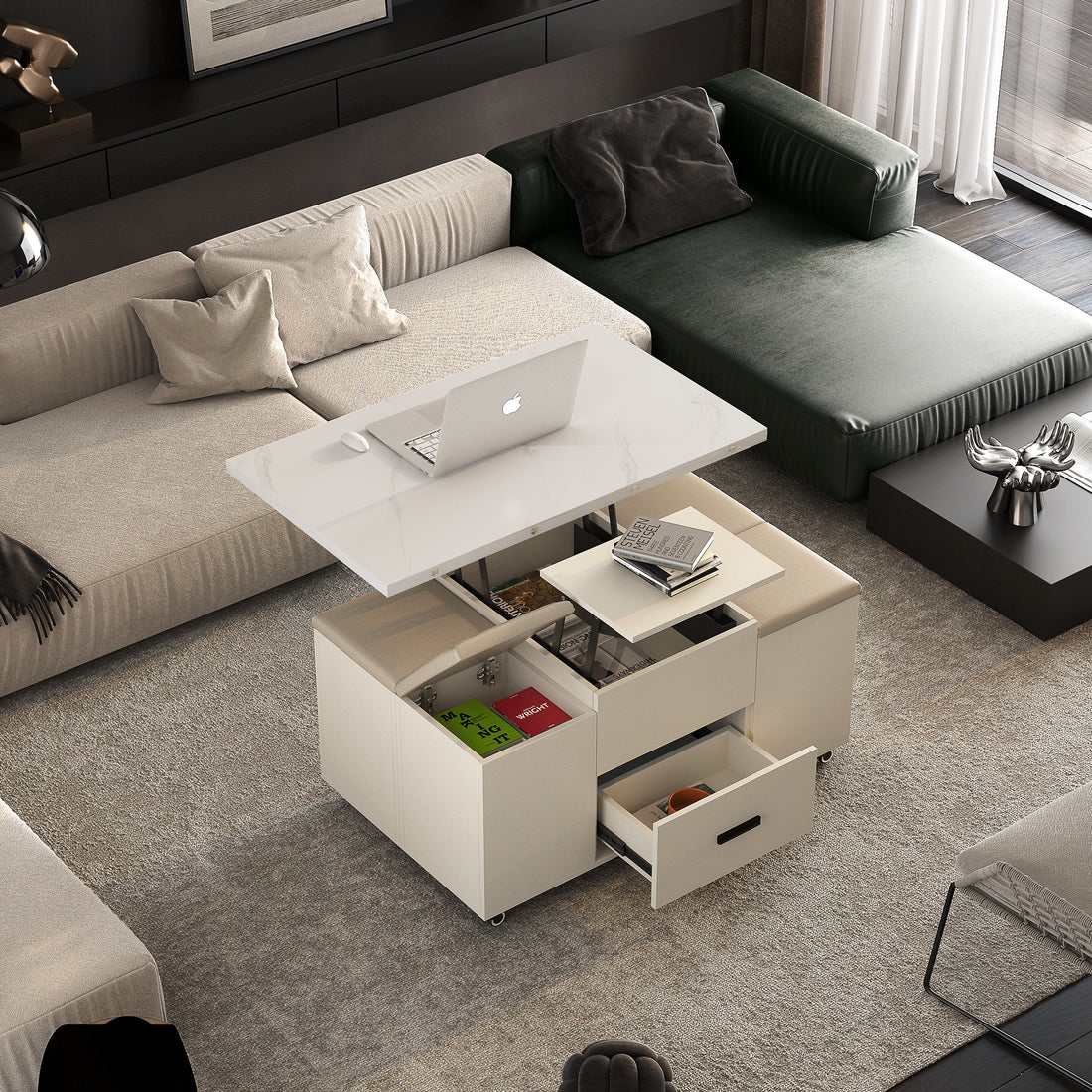 Modern Lift Up Coffee Table With 4 Stools Set For Living Room Expandable 1 Hidden Storage 2 Drawers Space Saving Folding Dining Table White Mdf