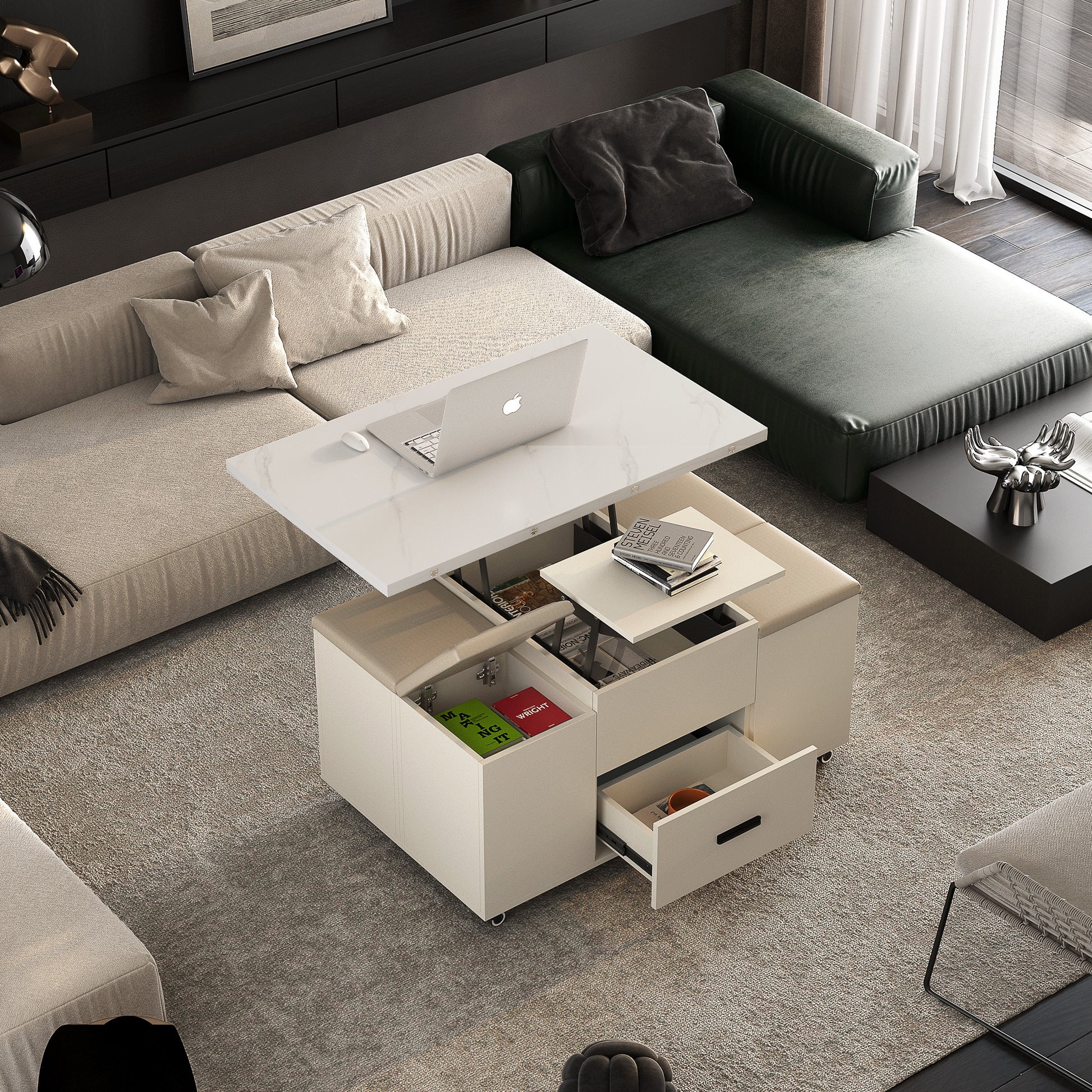 Modern Lift Up Coffee Table With 4 Stools Set For Living Room Expandable 1 Hidden Storage 2 Drawers Space Saving Folding Dining Table White Mdf