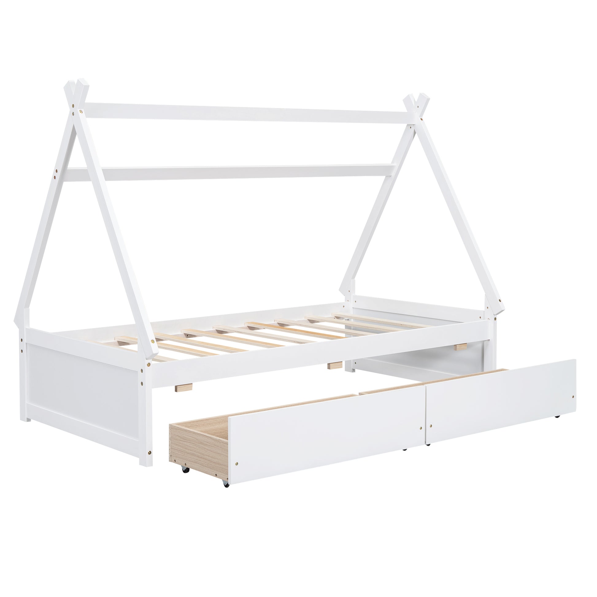 Twin Size House Platform Bed With Two Drawers,Headboard And Footboard, White Twin White Pine