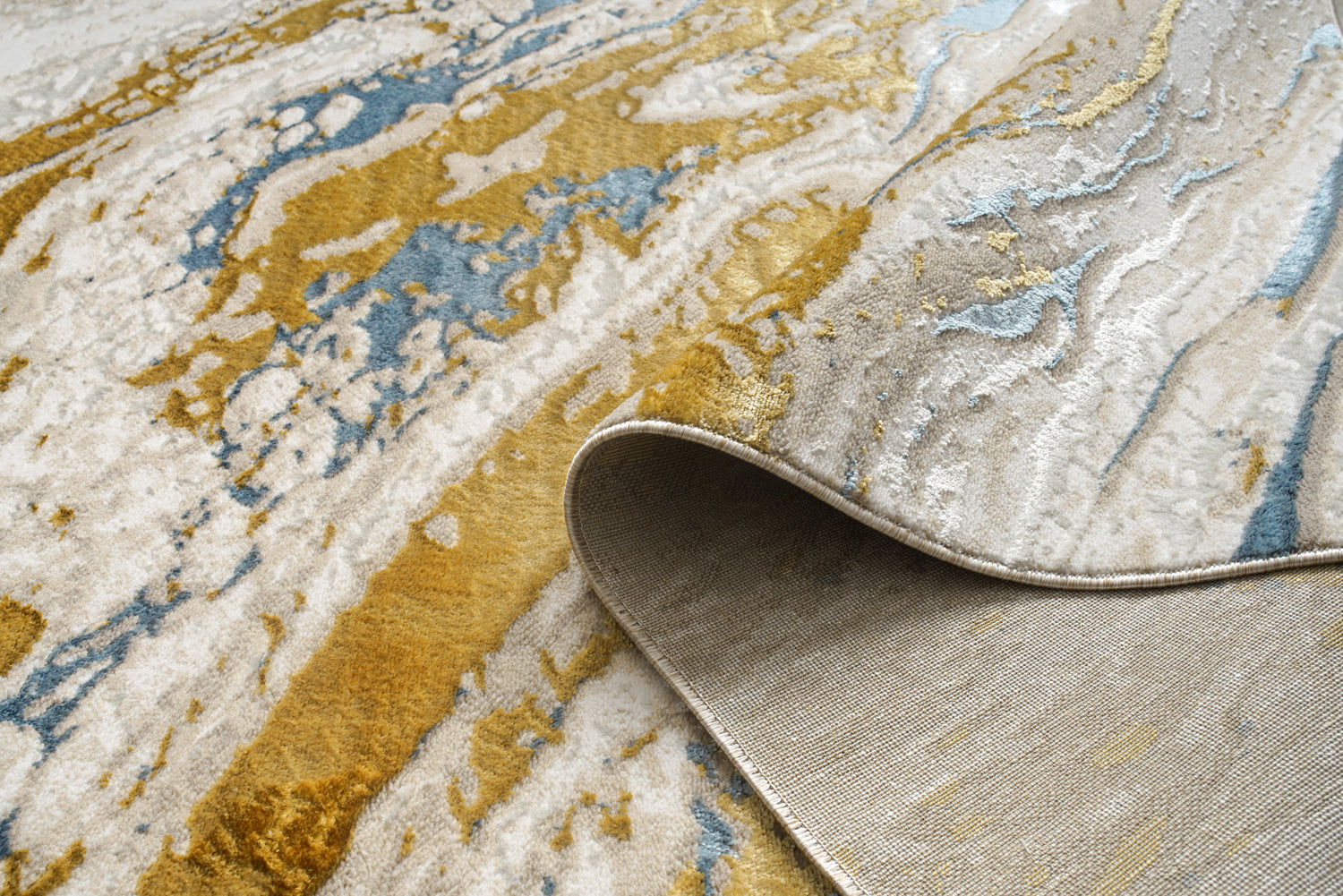 "Adina" Luxury Area Rug In Beige, Gold And Blue Abstract Design Multicolor Polyester