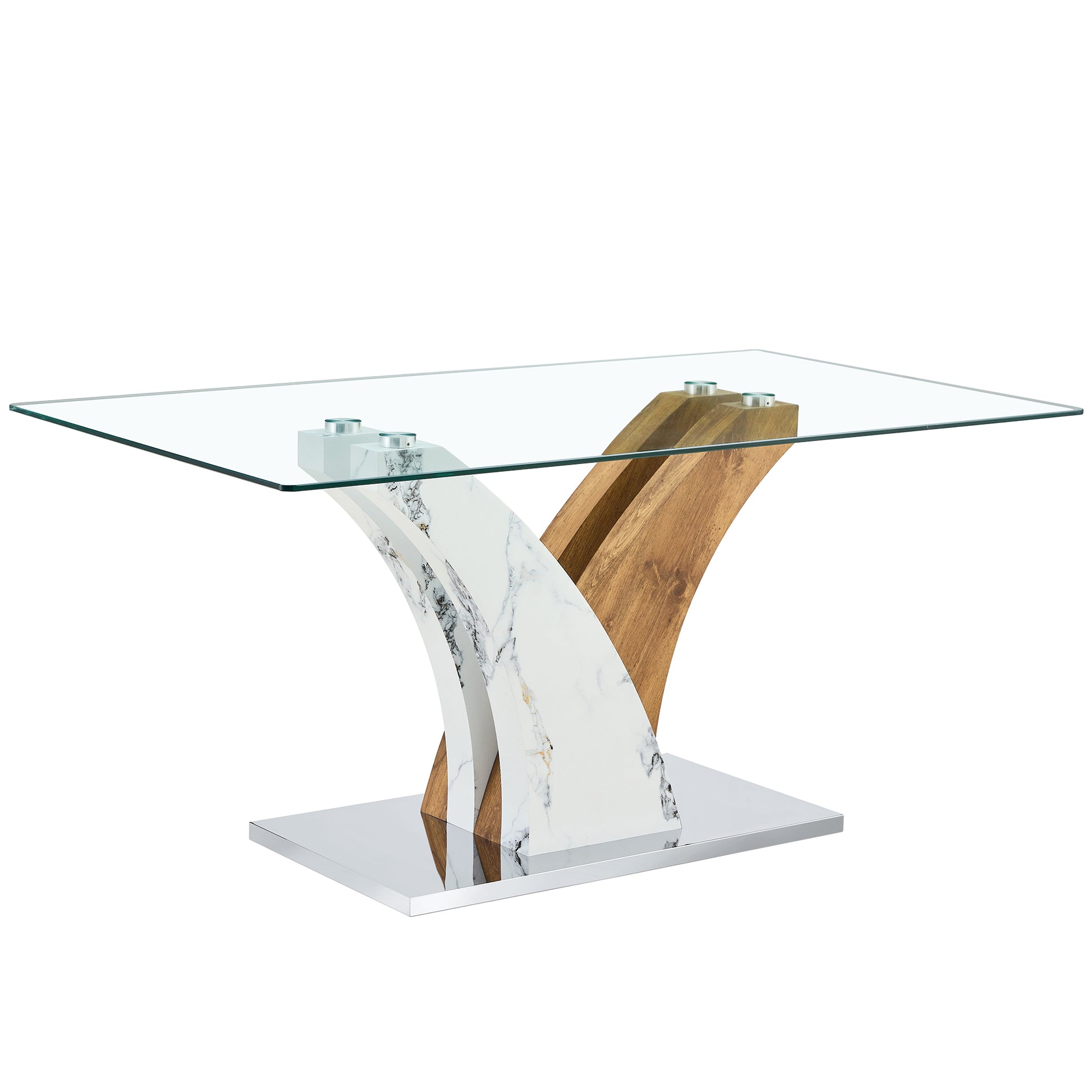 Table And Chair Set.Modern Dining Table, Tempered Glass Countertop With Artistic Mdf Legs.Paried With 4 Comfortable Chairs With Pu Seats And Metal Legs. Suitable For Various Decoration Styles. Transparent,White Seats 4 Mdf Glass