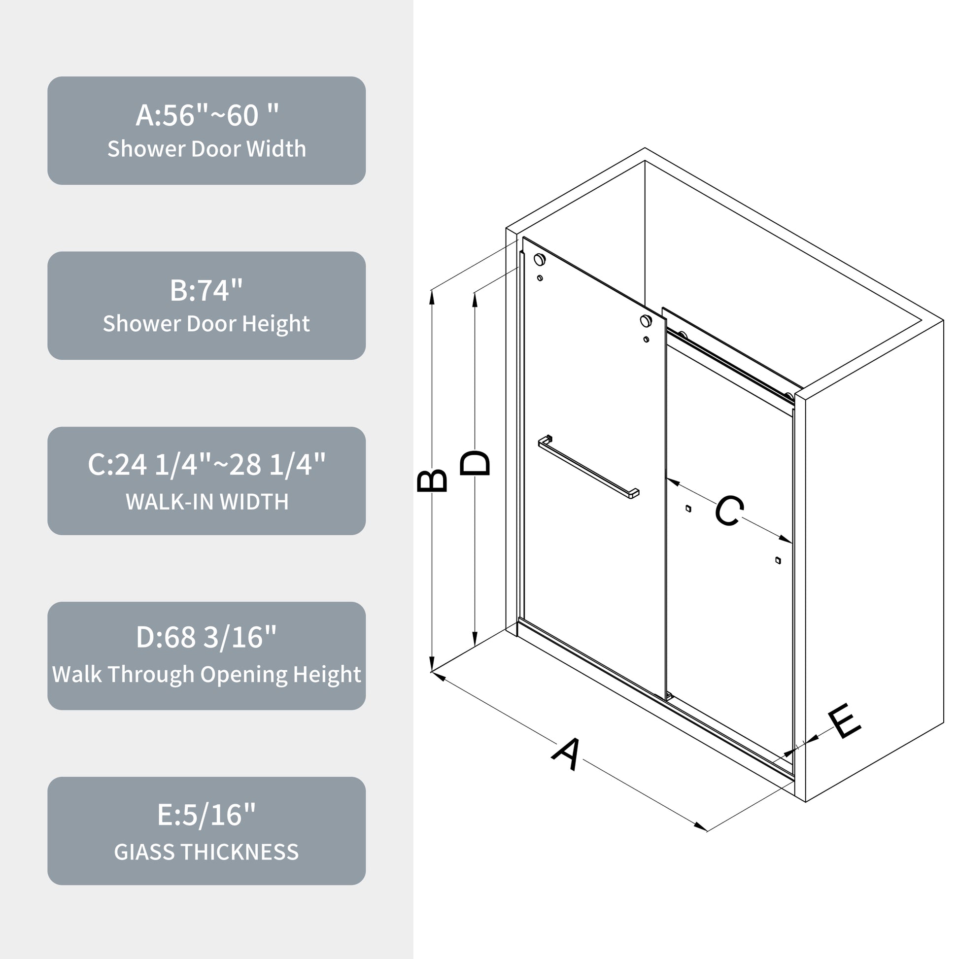 Bypass Shower Door, Sliding Door, With 5 16" Tempered Glass And Polished Chrome Finish 6074 Chrome Bathroom Stainless Steel