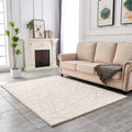 Luxury Machine Washable Beige Geometric Abstract Gold Gilded Chinchilla Faux Fur Area Rug Beige Gold Polyester