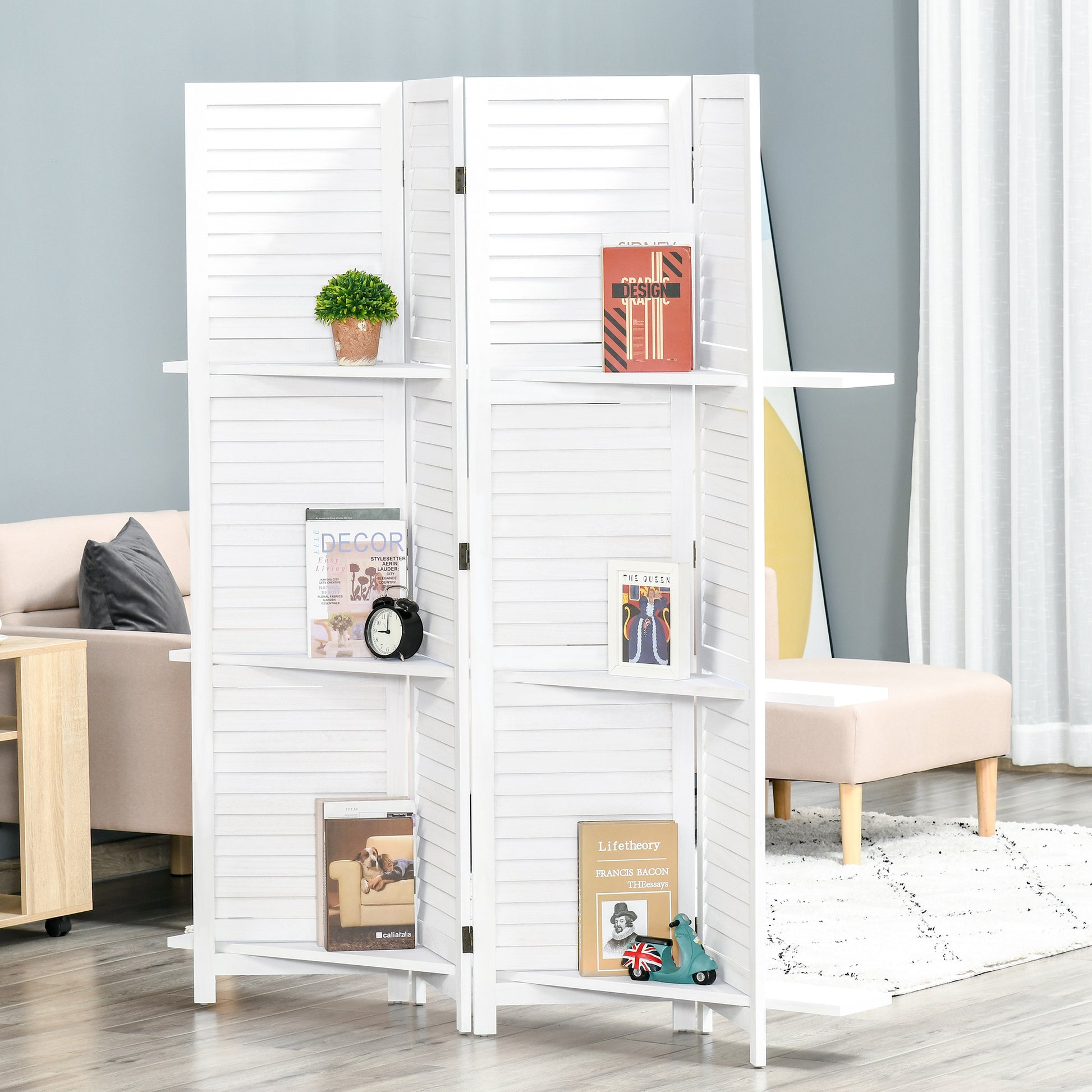 Homcom 4 Panel 67" Tall Wood Privacy Screen Room Divider With 3 Display Shelves, And Folding Storage For Bedroom Or Home Office, White White Wood