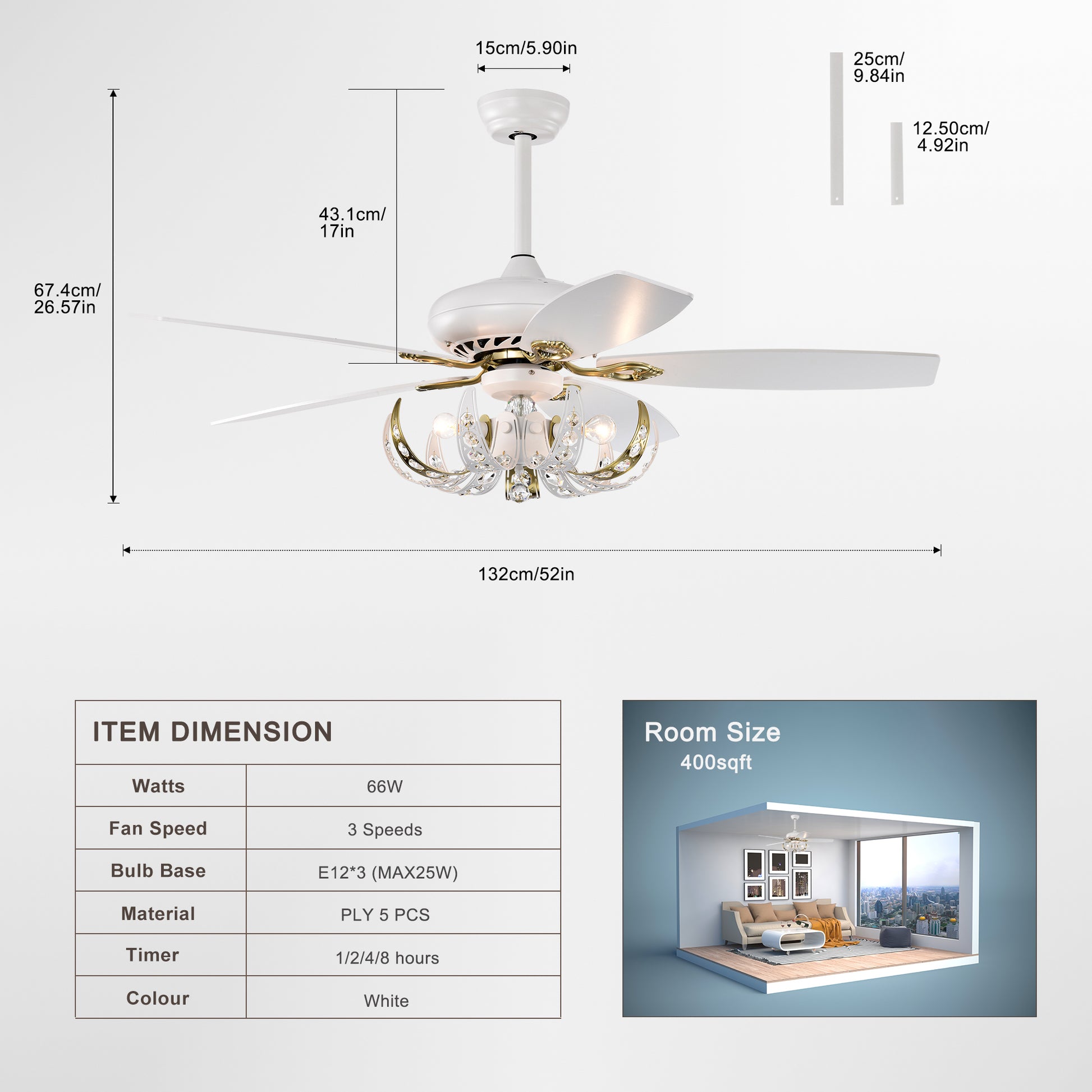 52" Crystal Ceiling Fan With 5 Reversible Blades Light Kit And Remote Control, 3 Speed Matte White Matte White American Traditional,Classic,Contemporary Crystal Metal