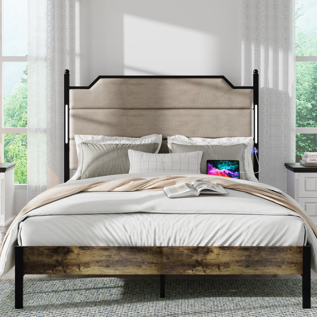 Queen Size Bed Frame With Upholstered Headboardqueen Bed Frame With Charging Station And Led Lights, Wood Slats, Easy Assembly,No Box Spring Needed,Industrial Brown Box Spring Not Required Queen