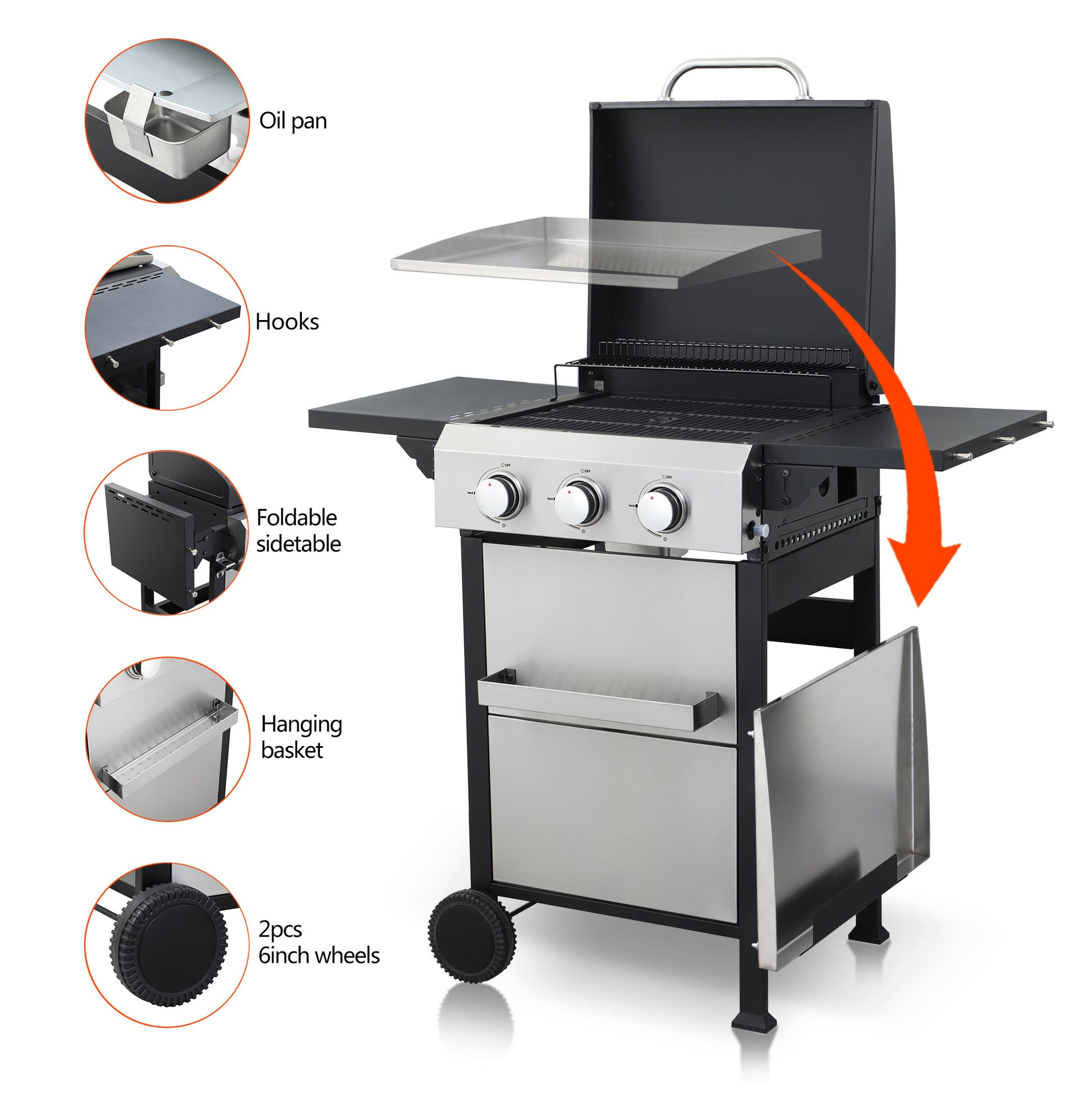 3 Burner Propane Gas Bbq Grill, Ss Plancha, 36900Btu Output With Wire Enamel Cooking Grids For Outdoor Barbecue, Foldable Side Table, Hanging Basket, Stainless Steel Black Silver Garden & Outdoor