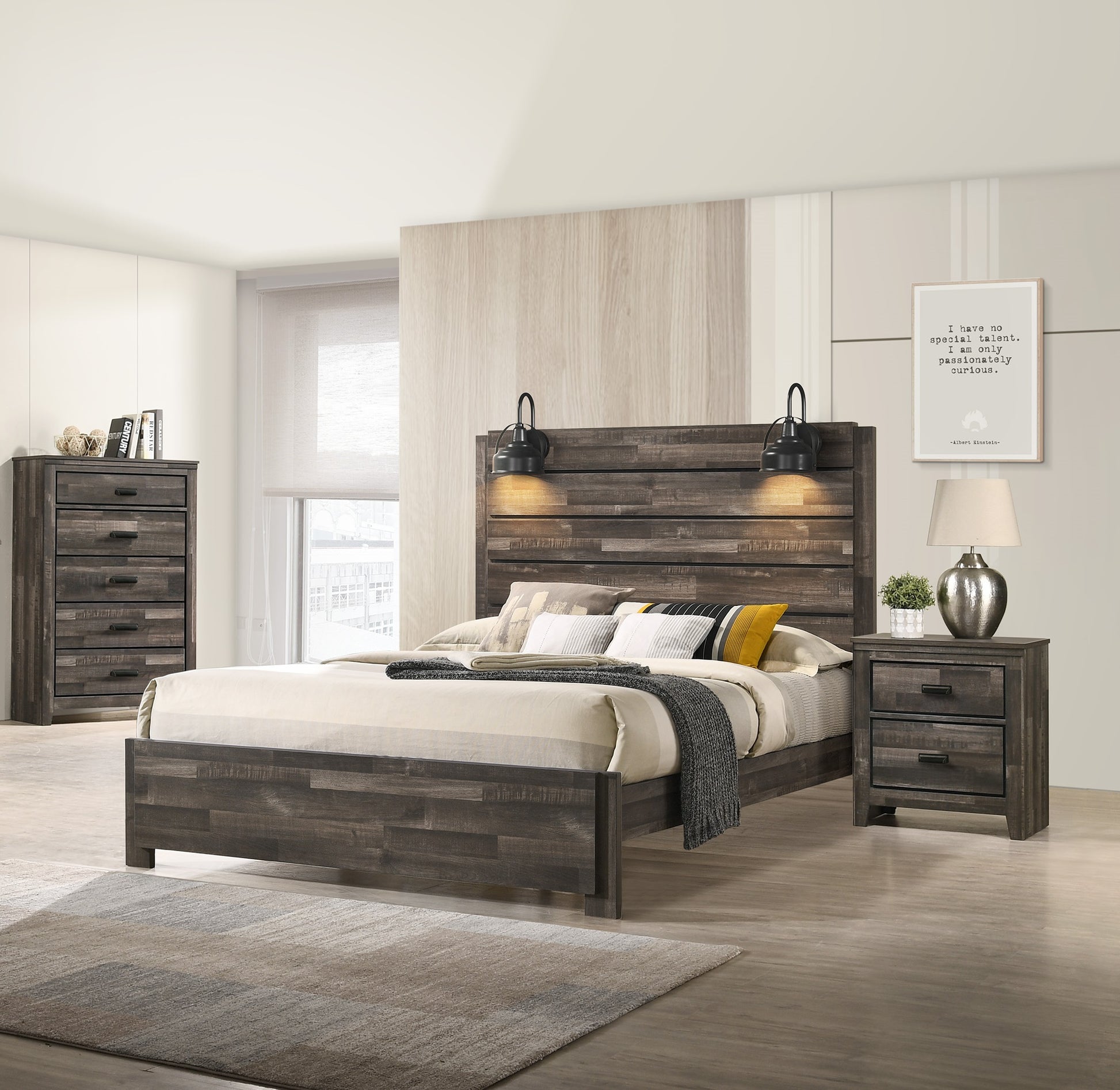 1Pc Rustic Style Butcher Block Finish Weathered Brown Finish King Size Bed W Lamp Wooden Bedroom Furniture King Brown Brown Wood Bedroom Contemporary,Transitional Wood Fabric