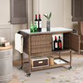 Outdoor Wicker Bar Cart, Patio Wine Serving Cart W Wheels, Rolling Rattan Beverage Bar Counter Table W Glass Top For Porch Backyard Garden Poolside Party, Brown No Brown Garden & Outdoor Steel