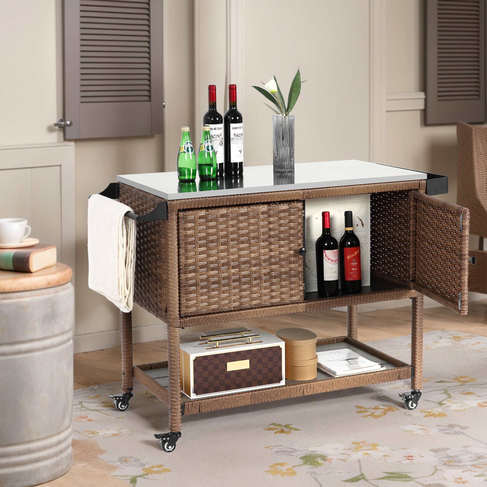 Outdoor Wicker Bar Cart, Patio Wine Serving Cart W Wheels, Rolling Rattan Beverage Bar Counter Table W Glass Top For Porch Backyard Garden Poolside Party, Brown No Brown Garden & Outdoor Steel