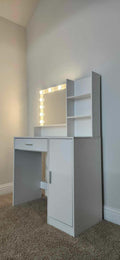 Vanity Desk With Mirror & Light, Large Drawer Three Level Storage Dresser, 3 Lighting Modes Adjustable Brightness, Bedroom Dressing Table White White Particle Board