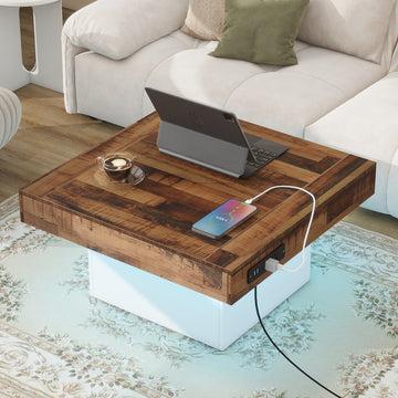 31.4'' X 31.4'' Farmhouse Coffee Table With 2 Usb Ports And Outlets, Brown Spliced Wood Grain Center Table With Led Light, Rustic Cocktail Table With Charging Station For Living Room, White White Primary Living Space Square Particle Board