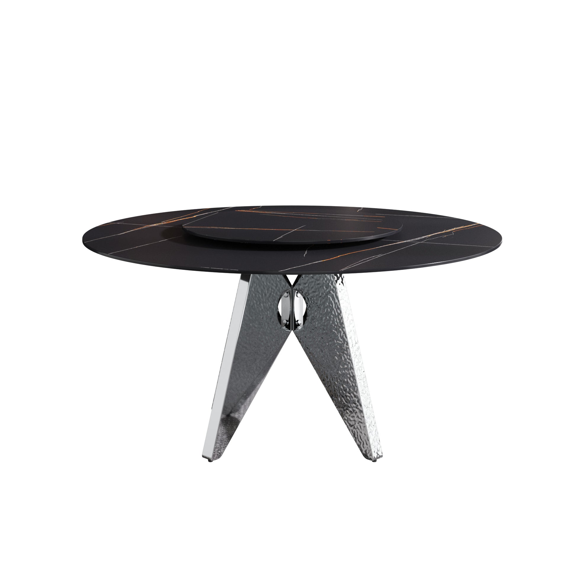 59.05" Round Marble Dining Table Withsilver Stainless Steel Design Base, Artificial Marble For 6 8 People, 31.5"Black Artificial Stone Turntable,Black Dining Table Only Black,Silver Dining Room