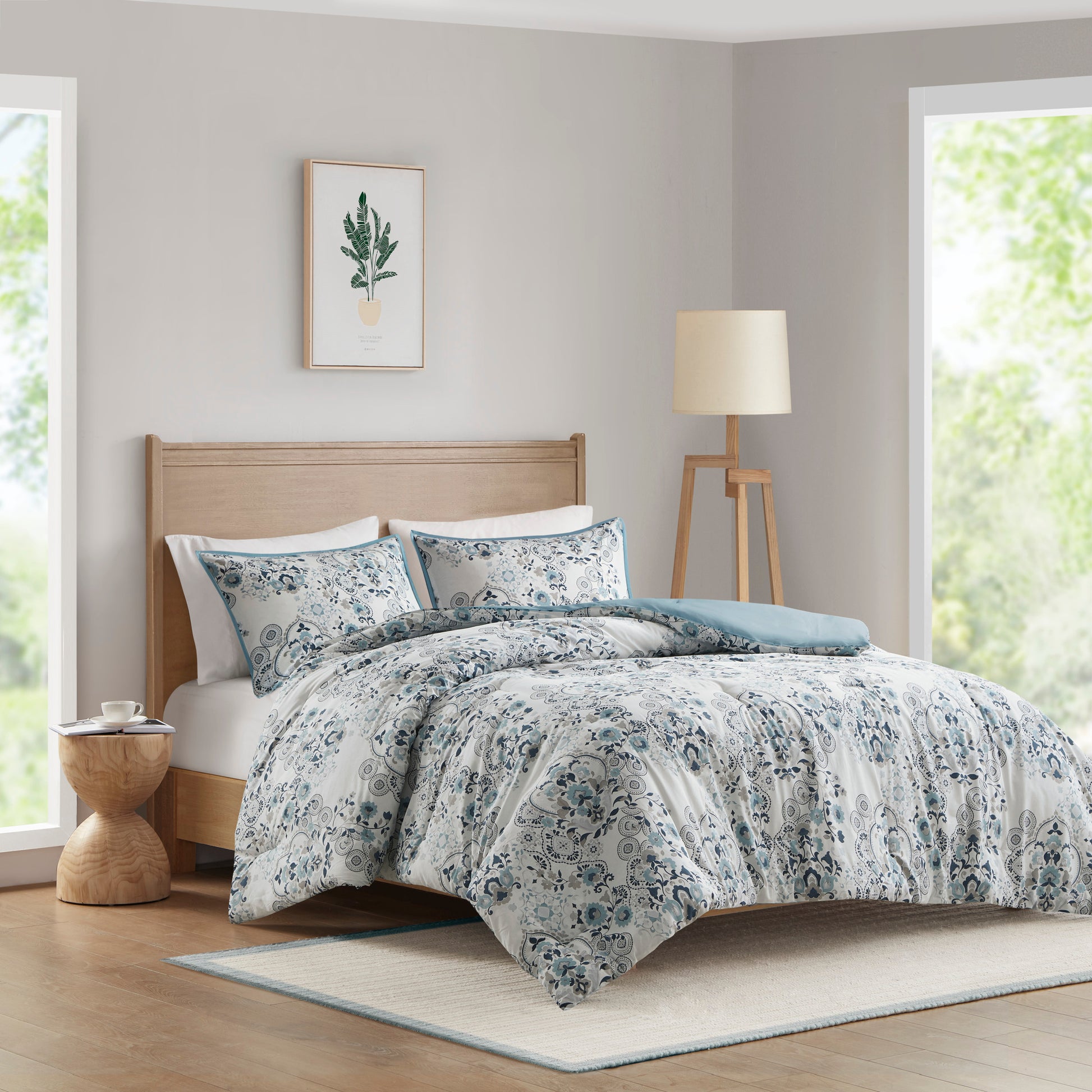 3 Piece Floral Printed Cotton Comforter Set Blue King Cal King King Blue Cotton