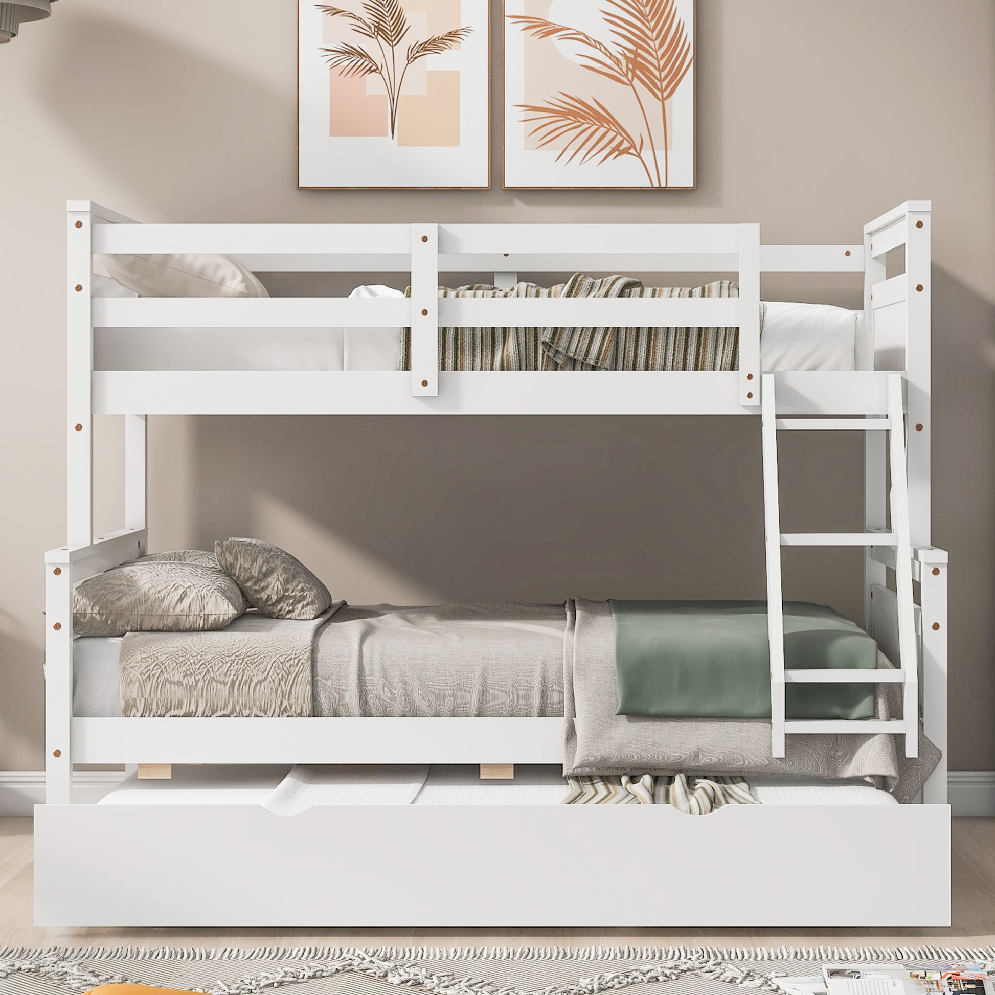 Twin Over Full Bunk Bed With Ladder, Twin Size Trundle, Safety Guardrail, White Box Spring Not Required Twin White Wood Bedroom Bunk Pine