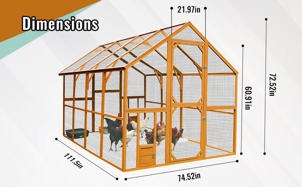 Wooden Chicken Coop 111'' 74'' 72'' Large Kitten Playpen, Chicken Run With Waterproof Cover And Two Small Doors, Pet Playpen Exercise Pen For Rabbit Duck Cat Yellow Metal & Wood