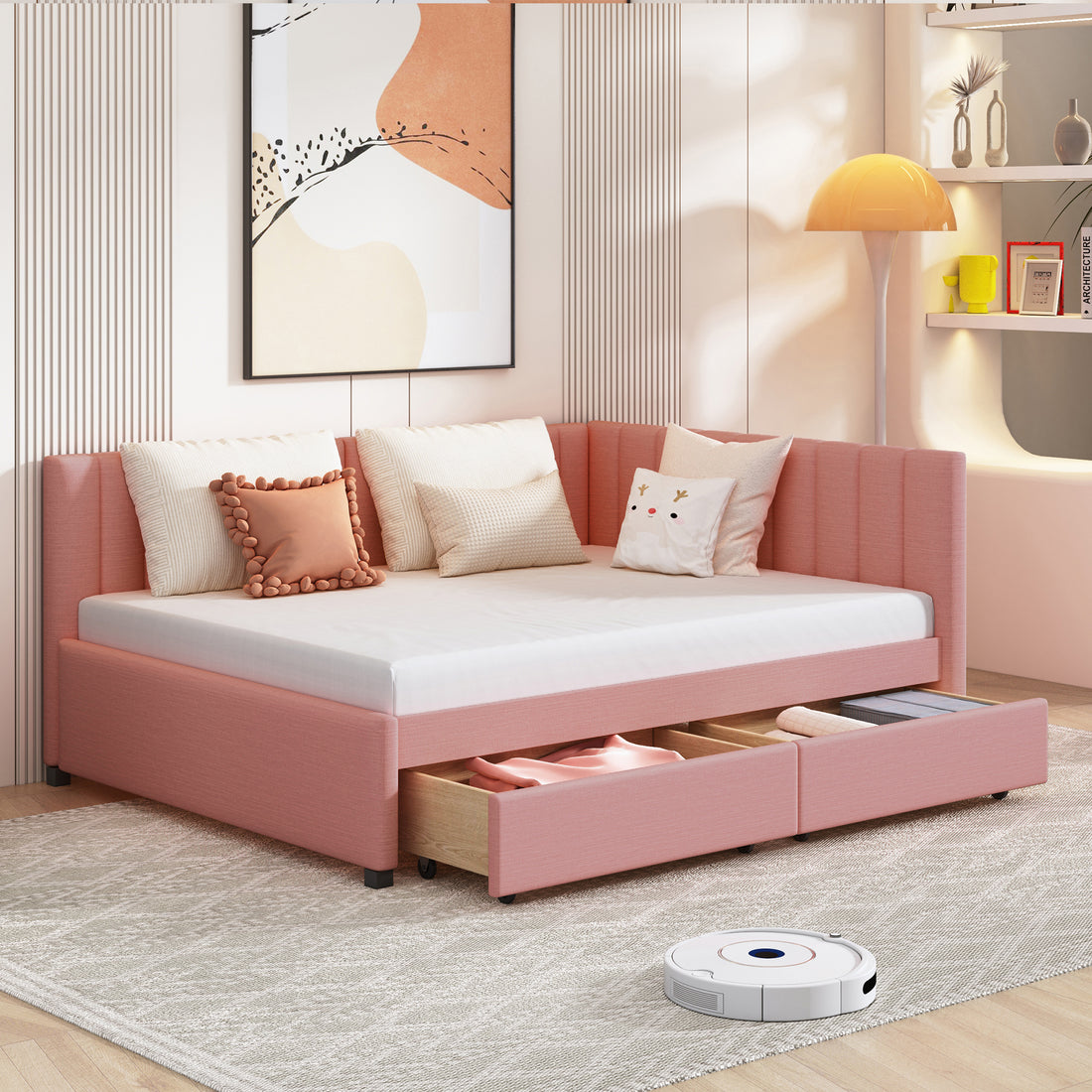 Full Size Upholstered Daybed With 2 Storage Drawers Sofa Bed Frame No Box Spring Needed, Linen Fabric Pink Full Pink Linen