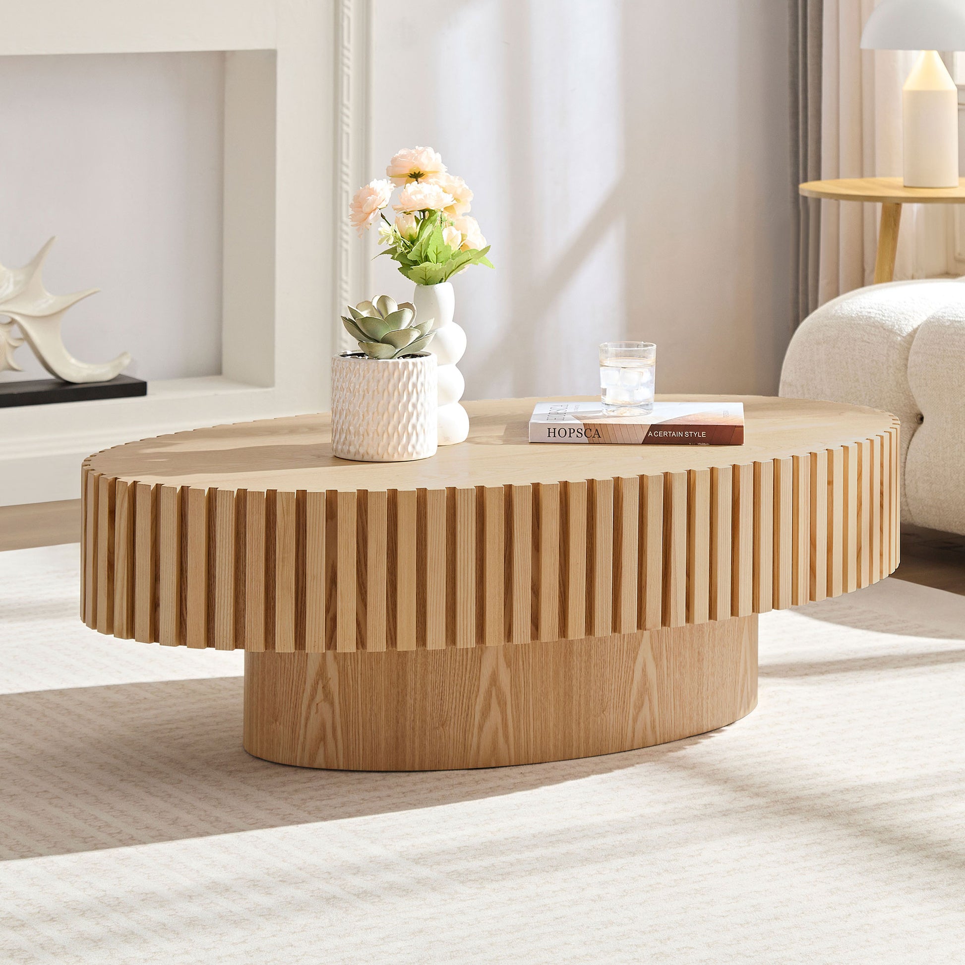 Modern Handcraft Drum Coffee Table Length 43.7 Inch Ellipse Coffee Table For Living Room,Oval Small Coffee Table With Sturdy Pedestal,Natural Ash Mdf Natural Ash Mdf