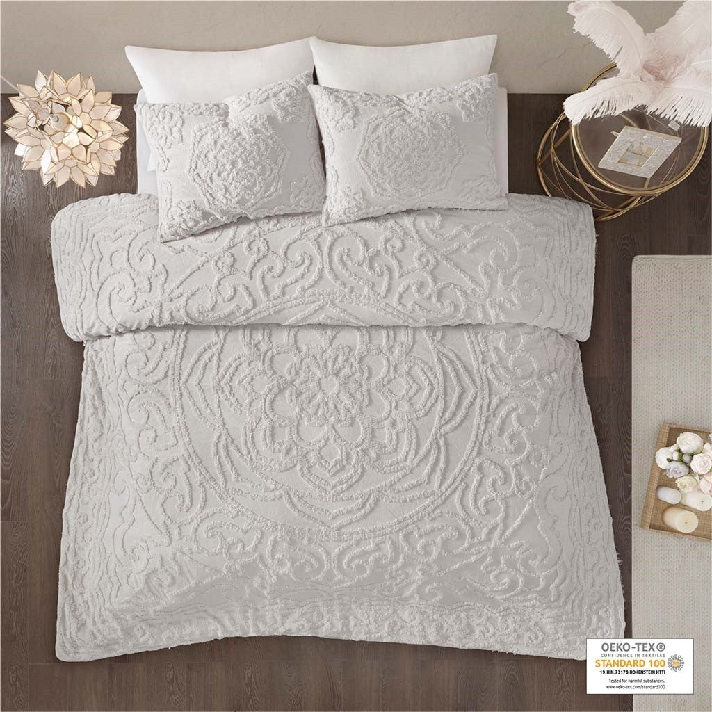 3 Piece Tufted Cotton Chenille Medallion Duvet Cover Set King Light Gray Cotton