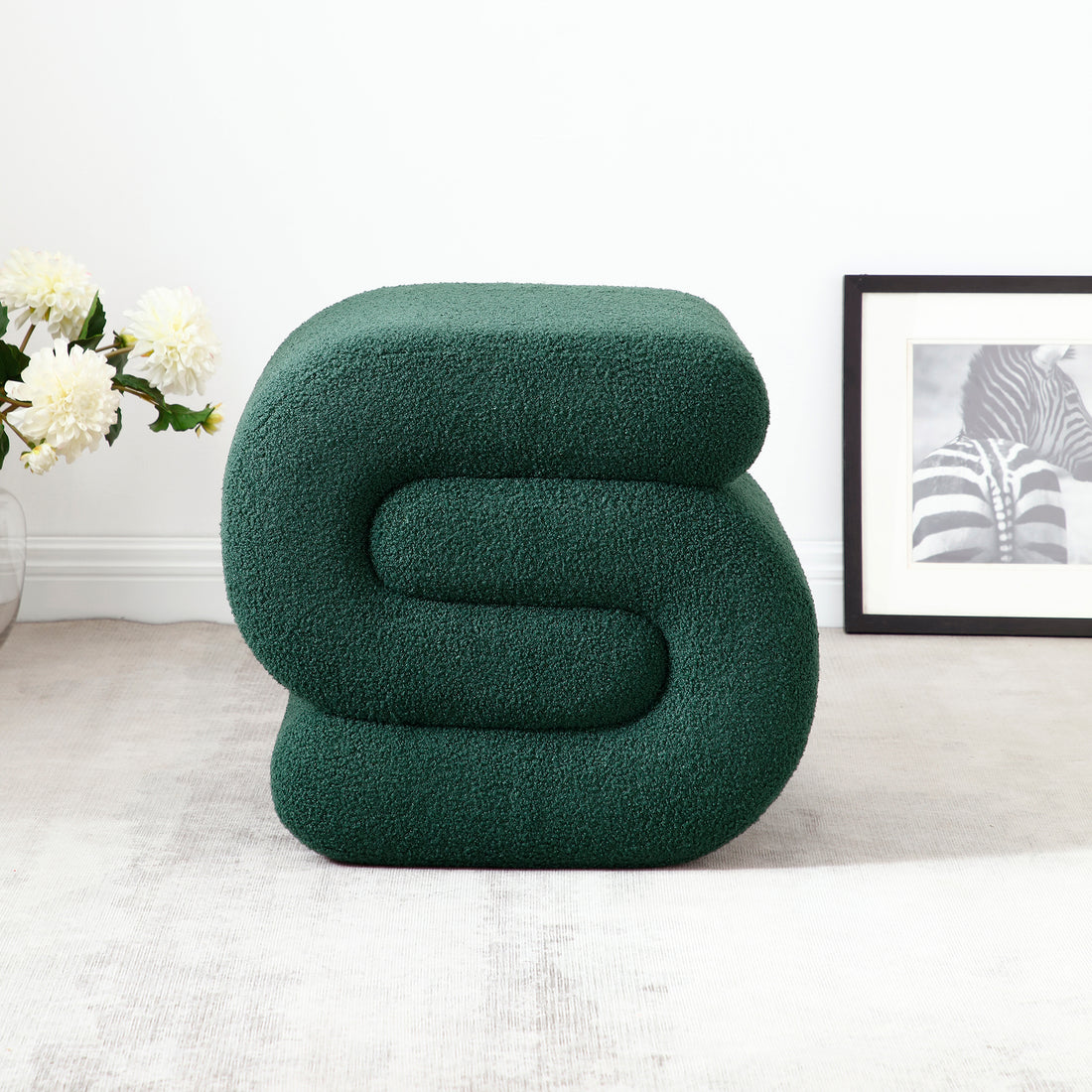 Modern Teddy Fabric Ottoman,Upholstered Footstoo, Comfortable Teddy Fabric Vanity Stool,S Shape Small Makeup Stool, Under Desk Ottoman For Living Room, Bedroom, Entrance Green Green Velvet