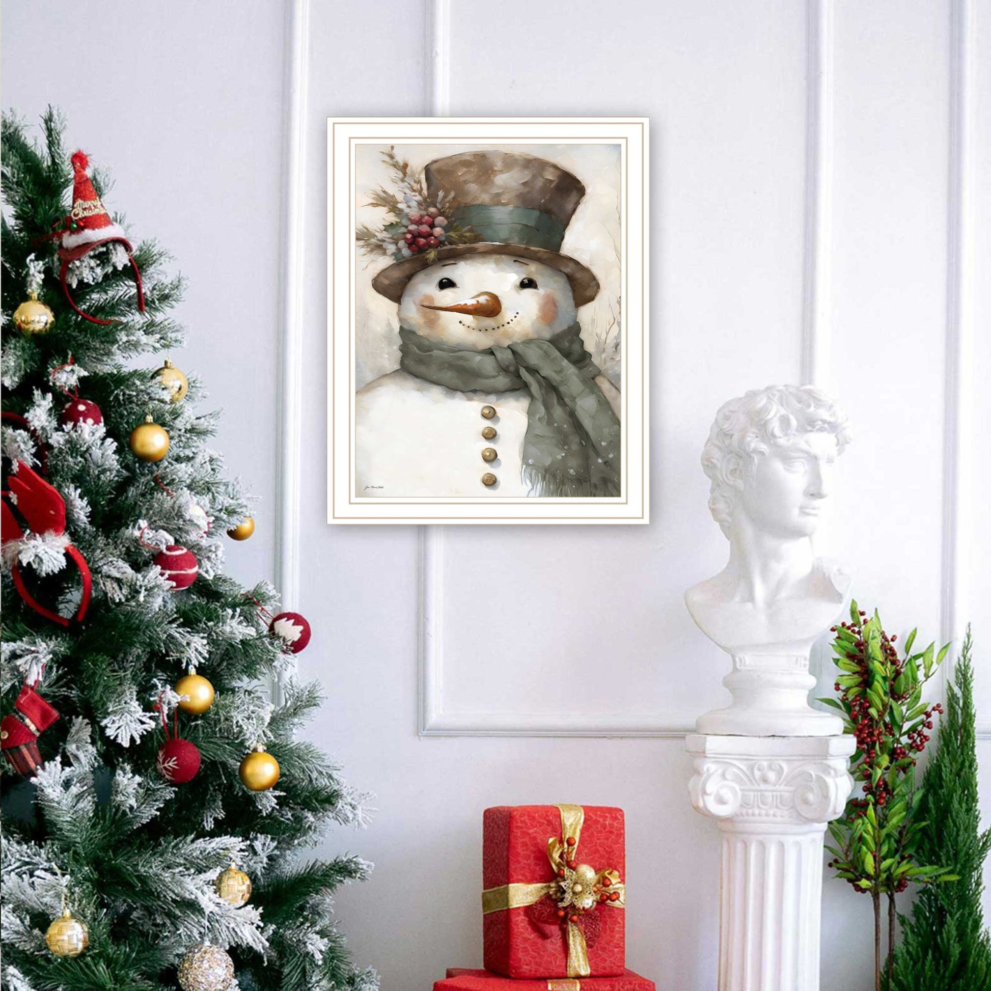 Old World Frosty The Snowman White Framed Wall Art For Living Room, Holiday Wall Art Print For Home Decor, Bedroom Wall Art By Jo Moulton Multicolor Wood Paper