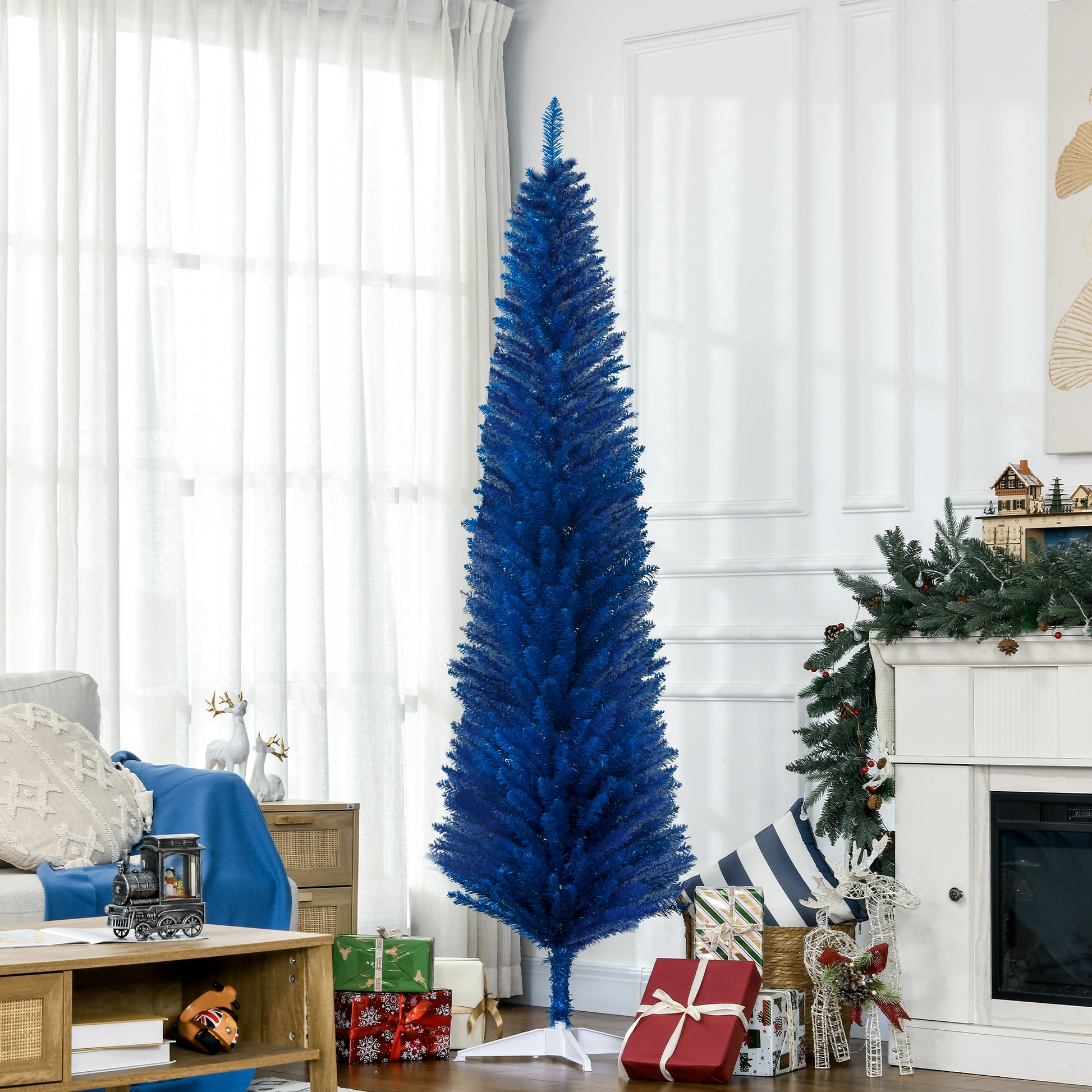 Homcom 7' Artificial Pencil Christmas Tree, Slim Xmas Tree With 499 Realistic Branch Tips And Plastic Stand, Blue Blue Plastic