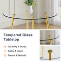 A Modern Minimalist Style Round Transparent Tempered Glass Table With Gold Metal Legs, Paired With 4 Modern Pu Leather High Back Dining Chairs, Bring A Luxurious Experience. Black Seats 4 Glass Metal