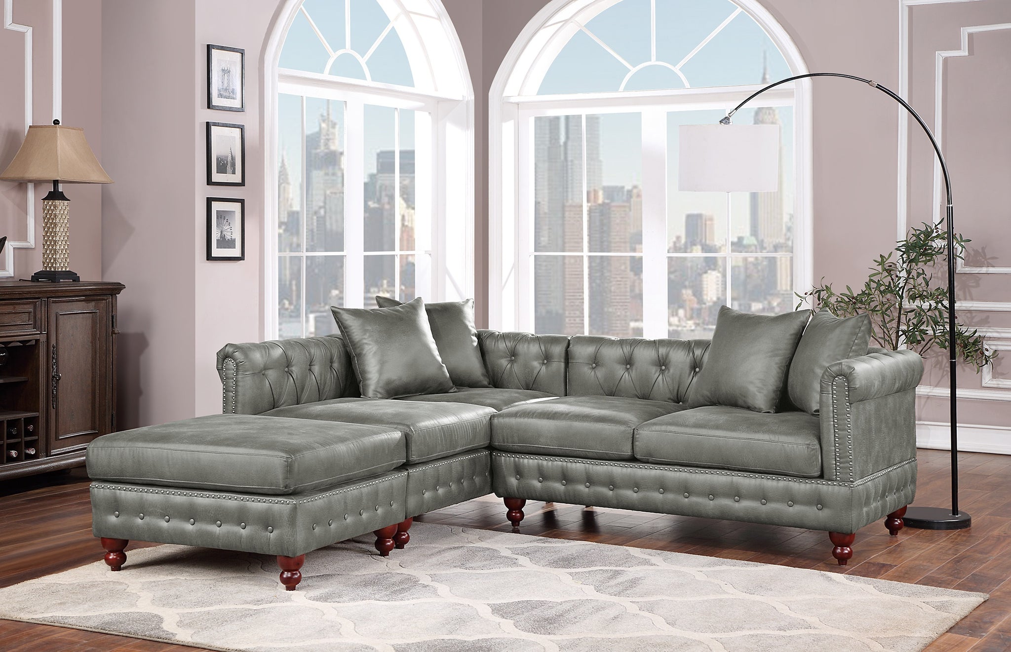 Slate Gray 3Pc Sectional Set 2X Reversible Loveseat Chaise And 1X Ottoman Tufted Couch Pillows Light Slate Grey Faux Leather Wood Primary Living Space Tight Back Contemporary,Luxury,Traditional L