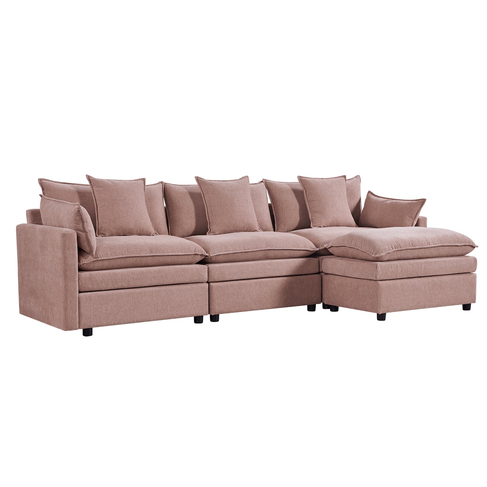 108.66"Modern Chenille L Shaped Sectional Sofa With Convertible Chaise, Comfy Cloud Couch Deep Sectional Sofa With Ottomans For Living Room Pink Wood Foam Chenille 3 Seat