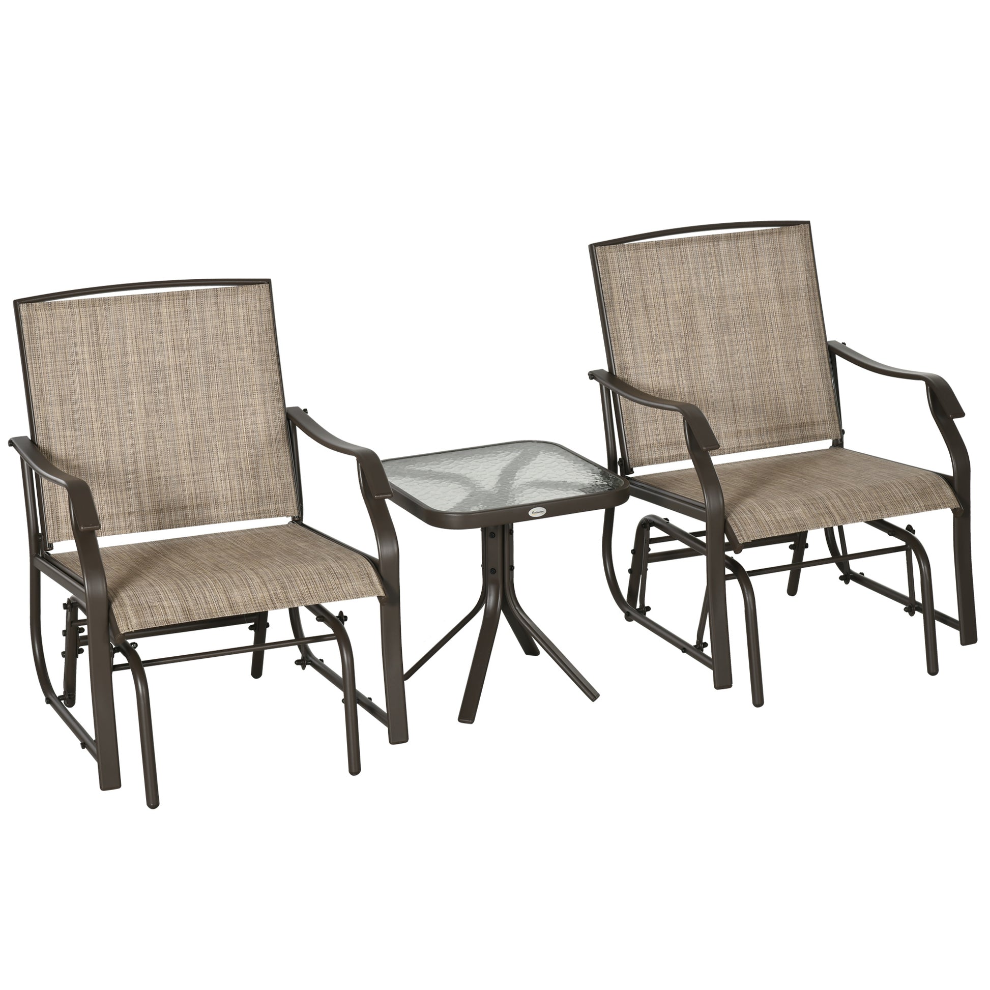 Outsunny 3 Piece Outdoor Glider Chair With Coffee Table Bistro Set, 2 Patio Rocking Swing Chairs Withsling Fabric, Glass Tabletop, For Backyard, Garden And Porch, Mixed Brown Brown Fabric Metal