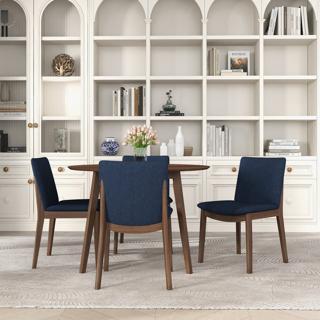 Laura Blue Linen Solid Wood Dining Chair Set Of 2 Dark Blue,Dark Brown Brown Linen,Solid Wood