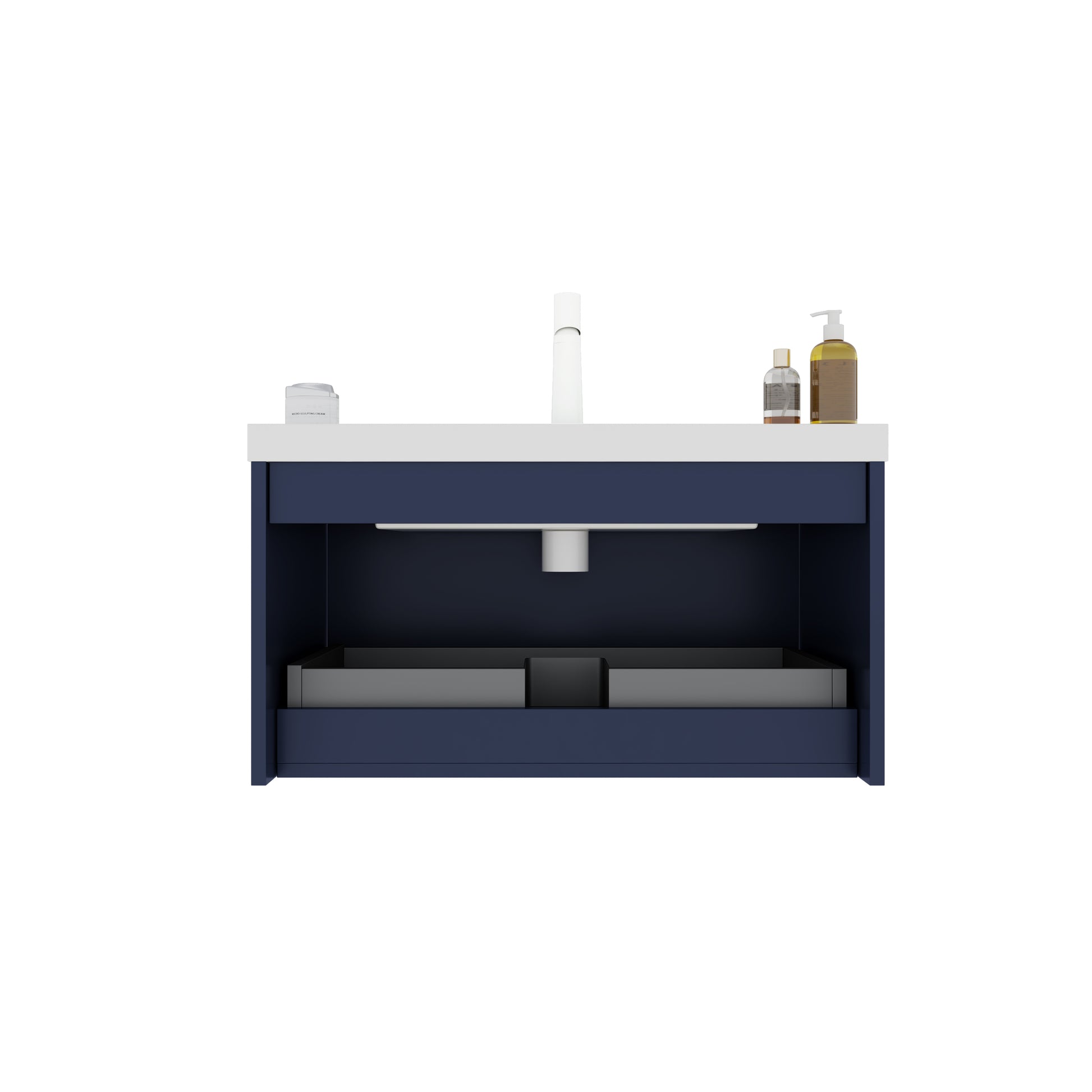 Tuya 30" Bathroom Vanity With Sink, Modern Wall Mounted Floating Plywood Bathroom Storage Cabinet, Bright White Integrated Basin With Sink Hole Cover And Drain, Pre Assembled, Navy Blue Dark Blue