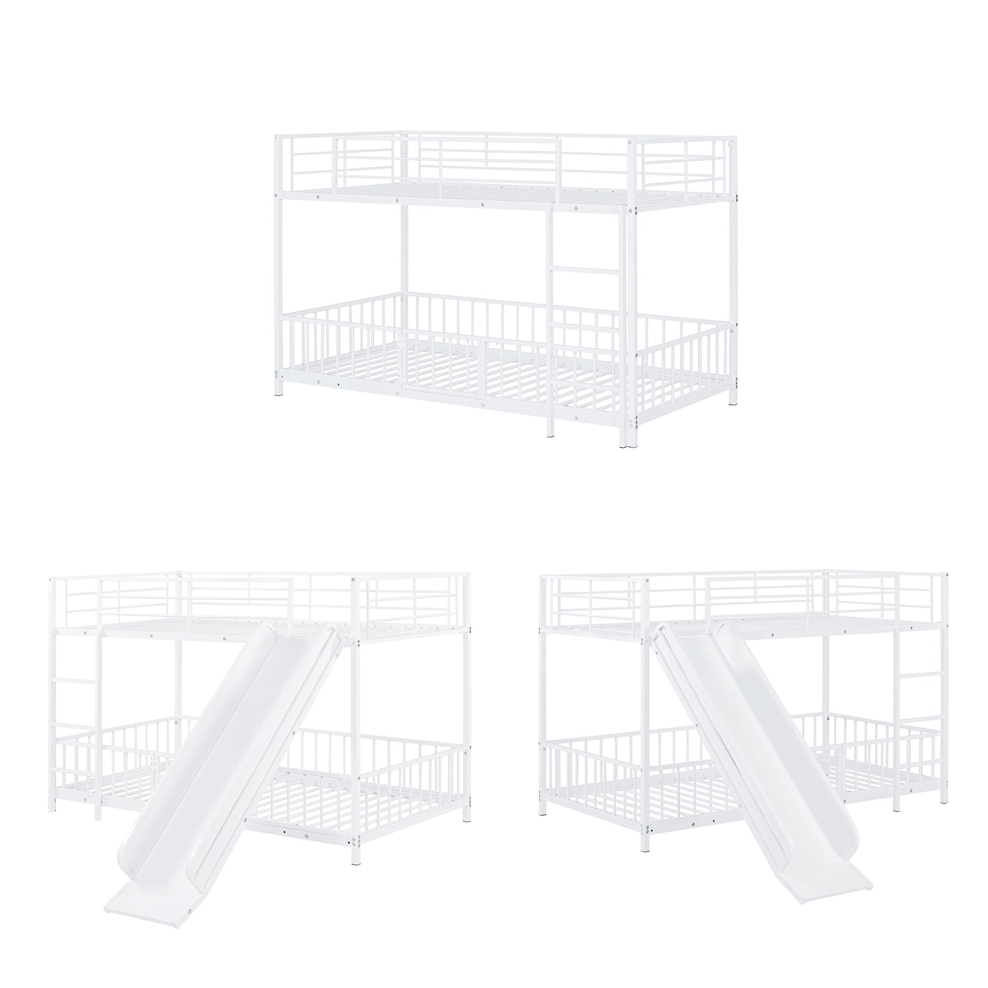 Twin Over Twin Size Metal Bunk Bed With Slide And Guardrails, White Twin White Metal