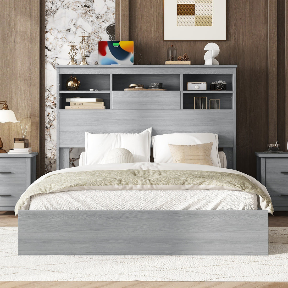 Queen Size Vintage Platform Bed,With Storage Headboard And Charging Station, Light Gray Queen Light Gray Mdf