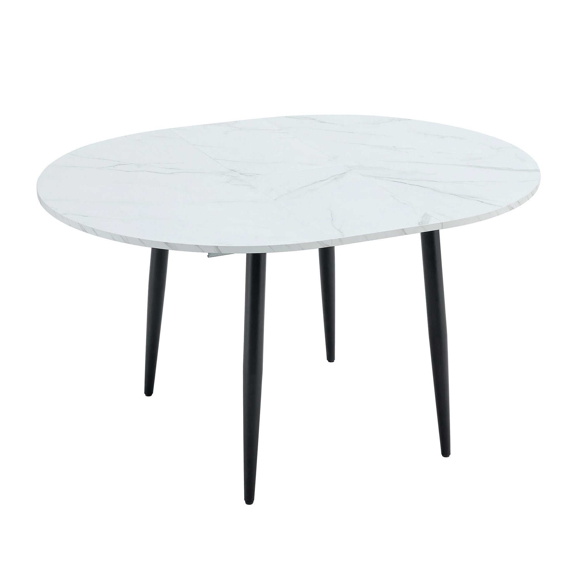 Table And Chair Set.Modern Extendable Mdf Dining Table.The Table Has A Telescopic Design, Suitable For Gatherings Of Different Size.Paried With 4 Chairs With Pu Cushions And Black Metal Legs. White Black Seats 4 Mdf Metal