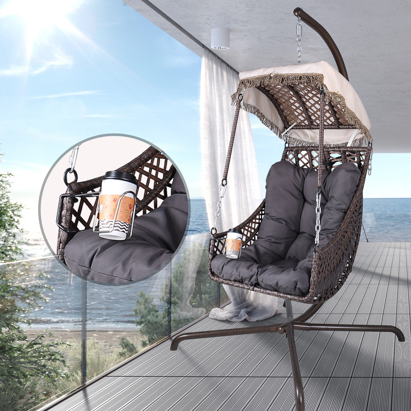 Swing Egg Chair With Stand Indoor Outdoor, Wicker Rattan Frame 350Lbs Capacity Hammock Chair For Patio Bedroom With Sunshade Cloth, Courtyard, Cushion And Pillow Old W1132P169534 Brown Rattan Metal