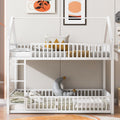 Metal Twin Over Twin House Bunk Bed With Fence And Door, White Box Spring Not Required Twin White Metal Bedroom Metal