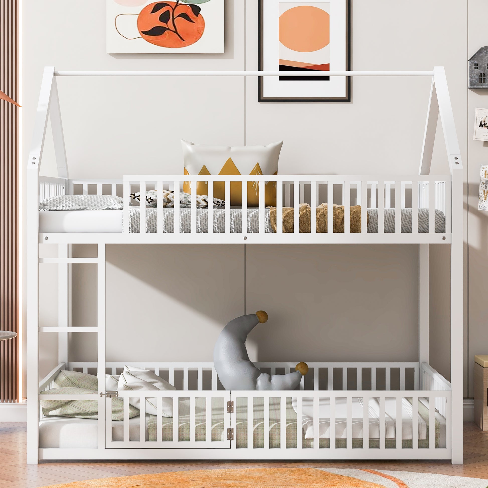 Metal Twin Over Twin House Bunk Bed With Fence And Door, White Box Spring Not Required Twin White Metal Bedroom Metal