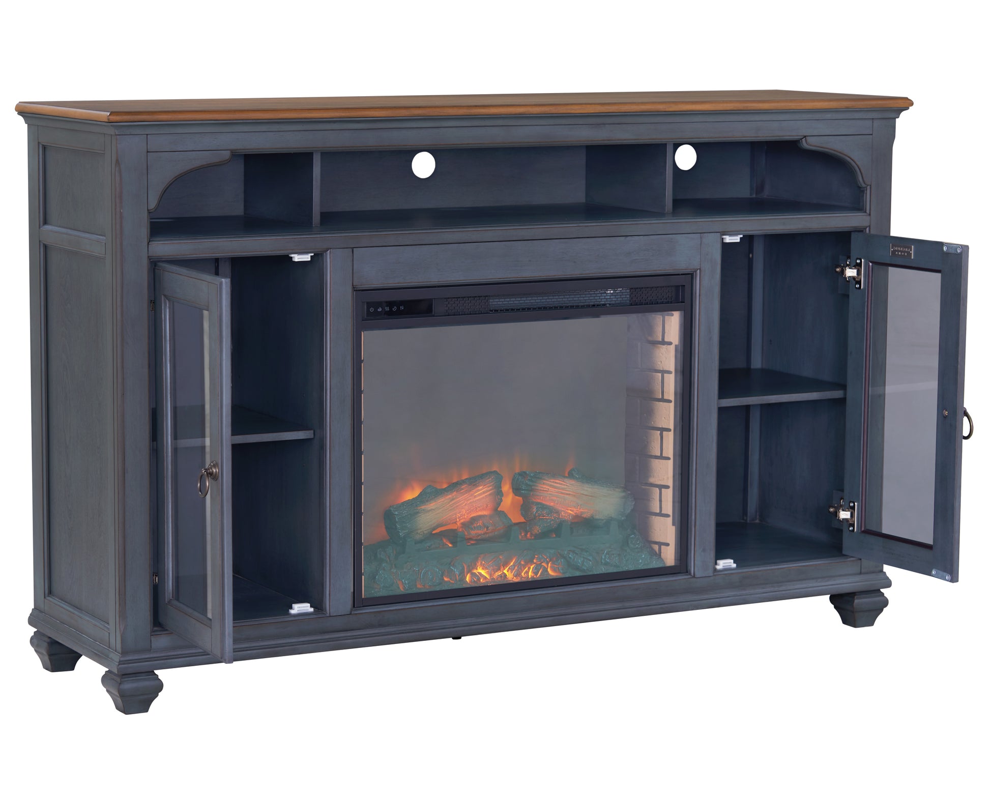 Americana 66 In Fireplace Tv Stand For Tvs Up To 80 Inches, Corduroy Blue Finish Blue 80 89 Inches Rubberwood Rubber Wood