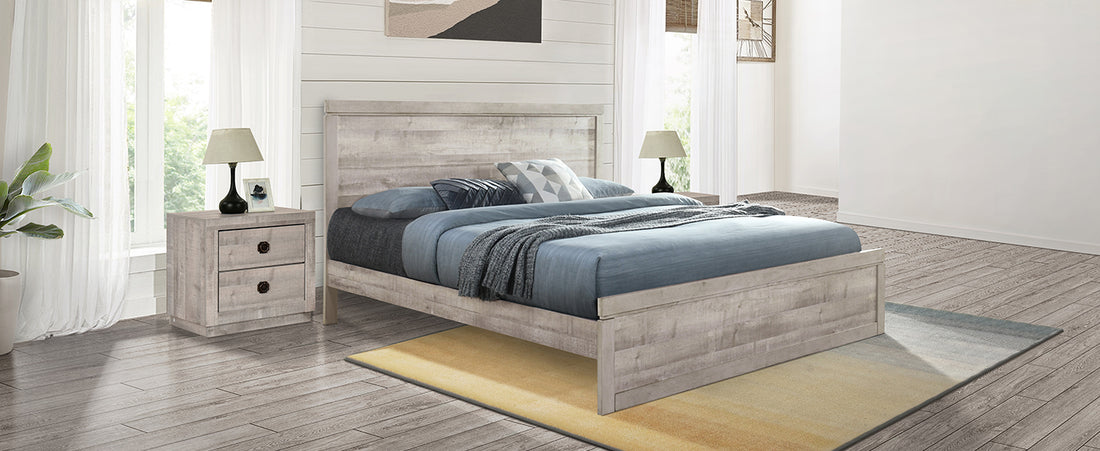 Vintage Farmhouse Style King Size Platform Bed With 10 Wooden Slats Support, No Box Spring Needed, Rustic White Box Spring Not Required King Rustic White Wood Bedroom Traditional Plywood